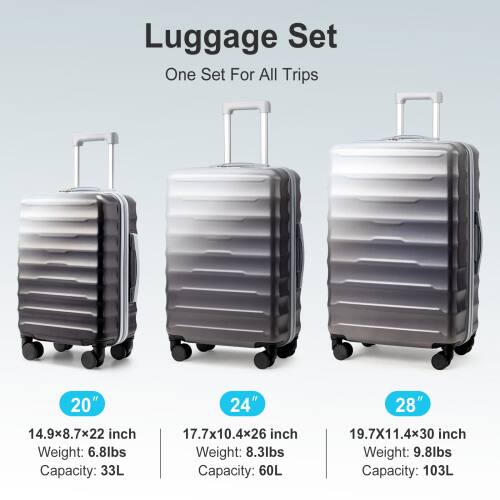 Luggage Set  
One Set For All Trips  

20"  
14.9x8.7x22 inch  
Weight: 6.8lbs  
Capacity: 33L  

24"  
17.7x10.4x26 inch  
Weight: 8.3lbs  
Capacity: 60L  

28"  
19.7x11.4x30 inch  
Weight: 9.8lbs  
Capacity: 103L