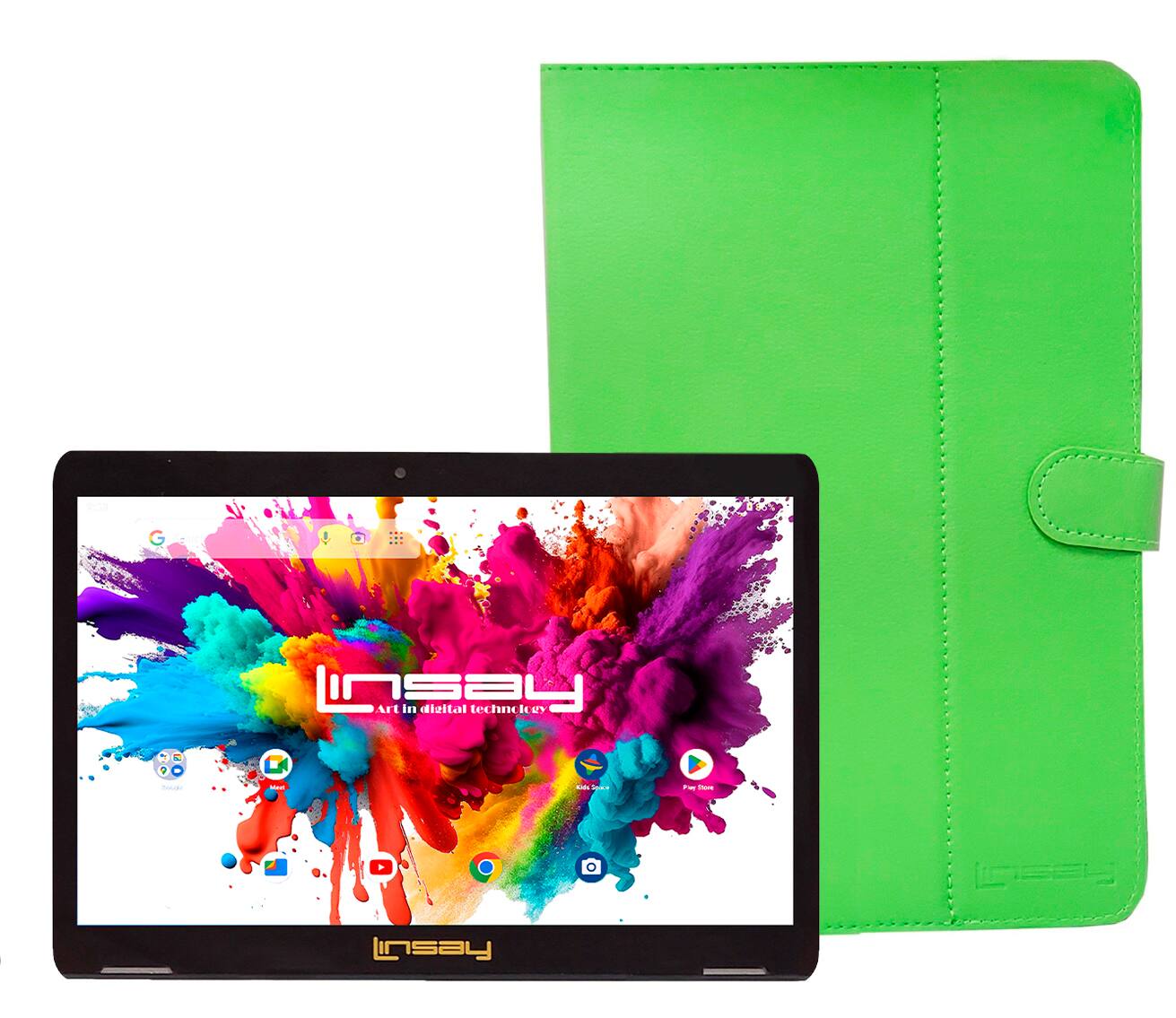 LINSAY - 10.1" Octa Core 128GB Storage Android 15 Tablet with Leather Case - Green