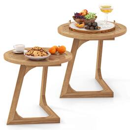 Costway - 2 PCS Teak Wood Side Table Round Sofa End Table with Slatted Tabletop Nightstand - Beige