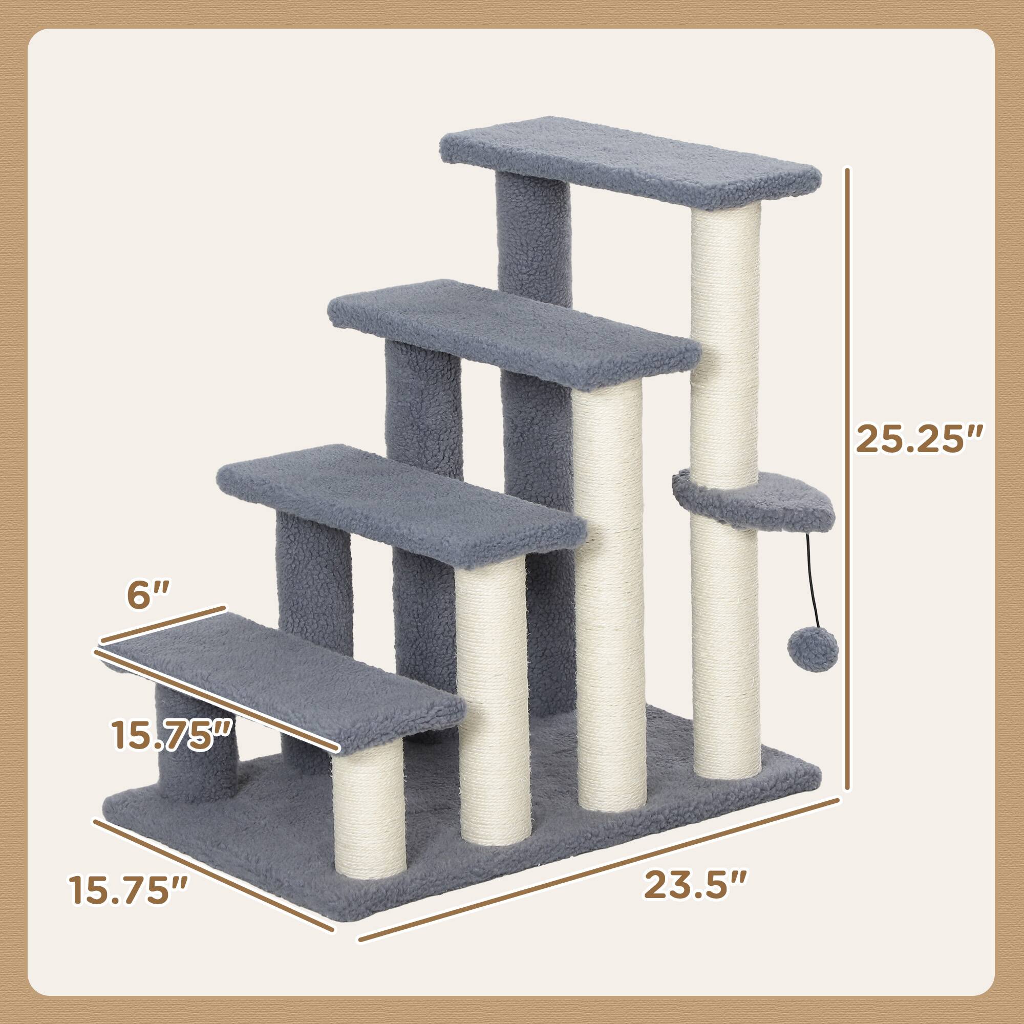 Left. Pawhut - 4 Levels Cat Steps, Carpeted Pet Stairs Ladder, Kitten Tree Climber with Scratching Posts, Hanging Play Ball, Side Step - Gray.