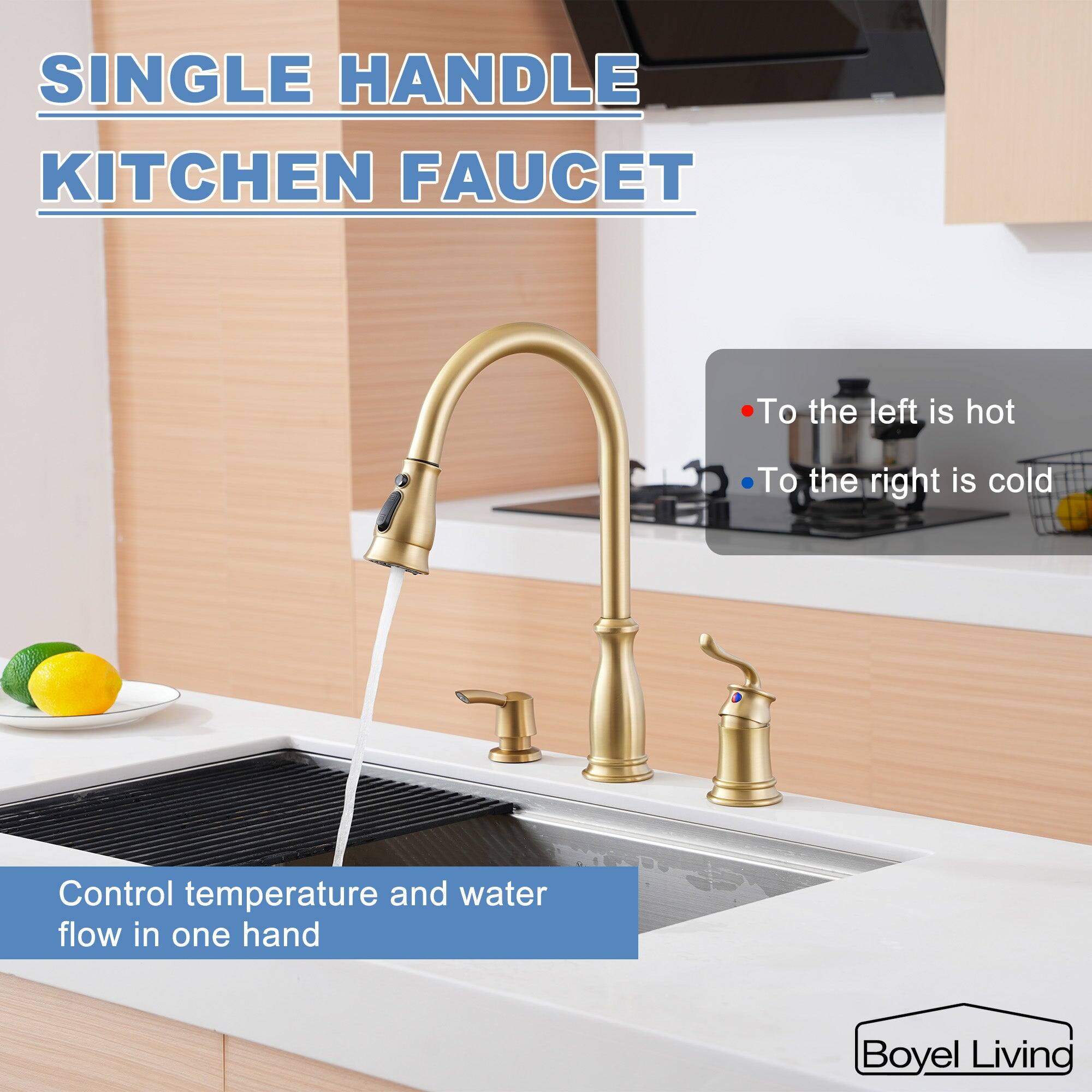 SINGLE HANDLE KITCHEN FAUCET

To the left is hot
To the right is cold
Control temperature and water flow in one hand
Boyel Living