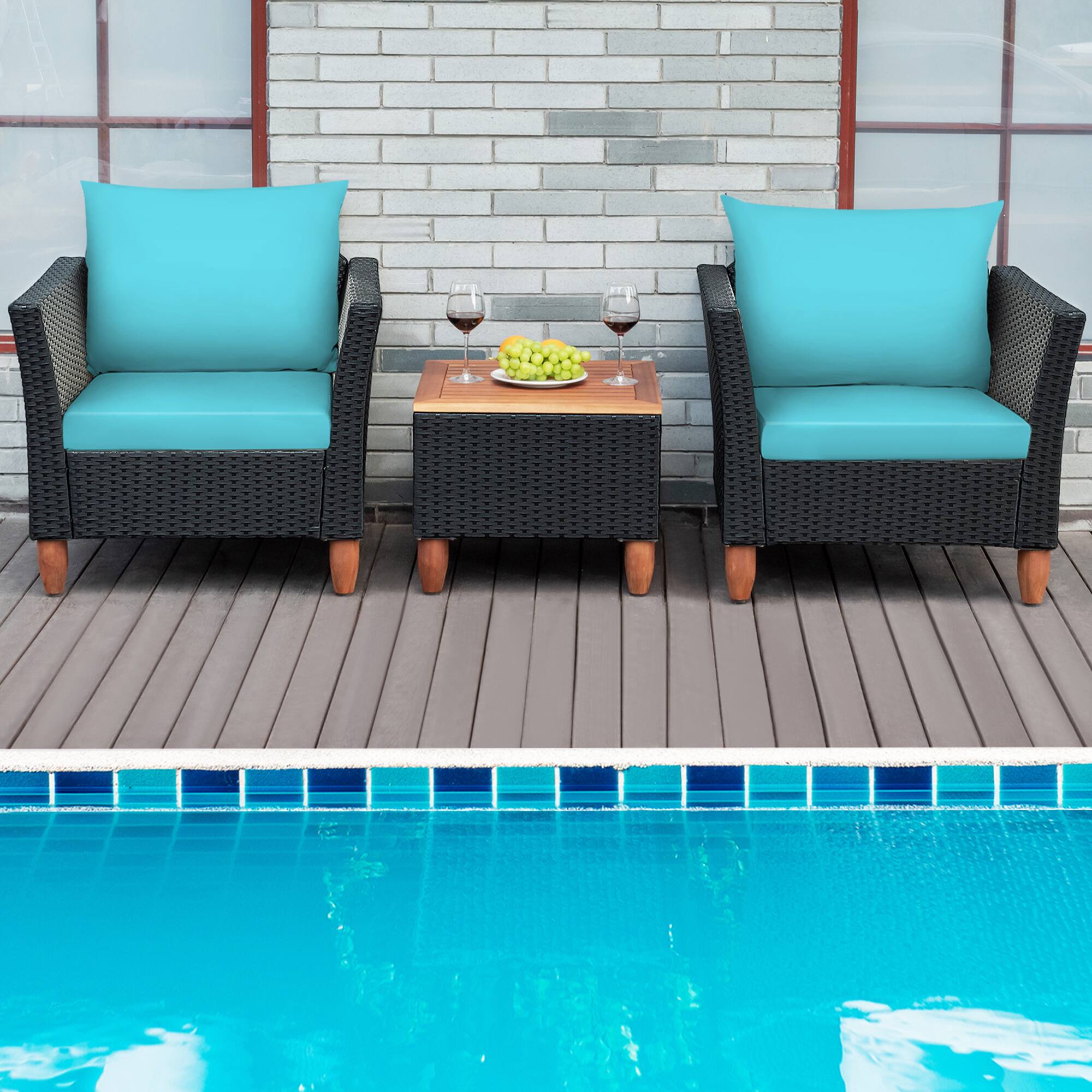 Alt View 3. Gymax - Gymax 3PCS Patio Rattan Conversation Furniture Set Yard Outdoor w/ Turquoise Cushions - Turquoise.