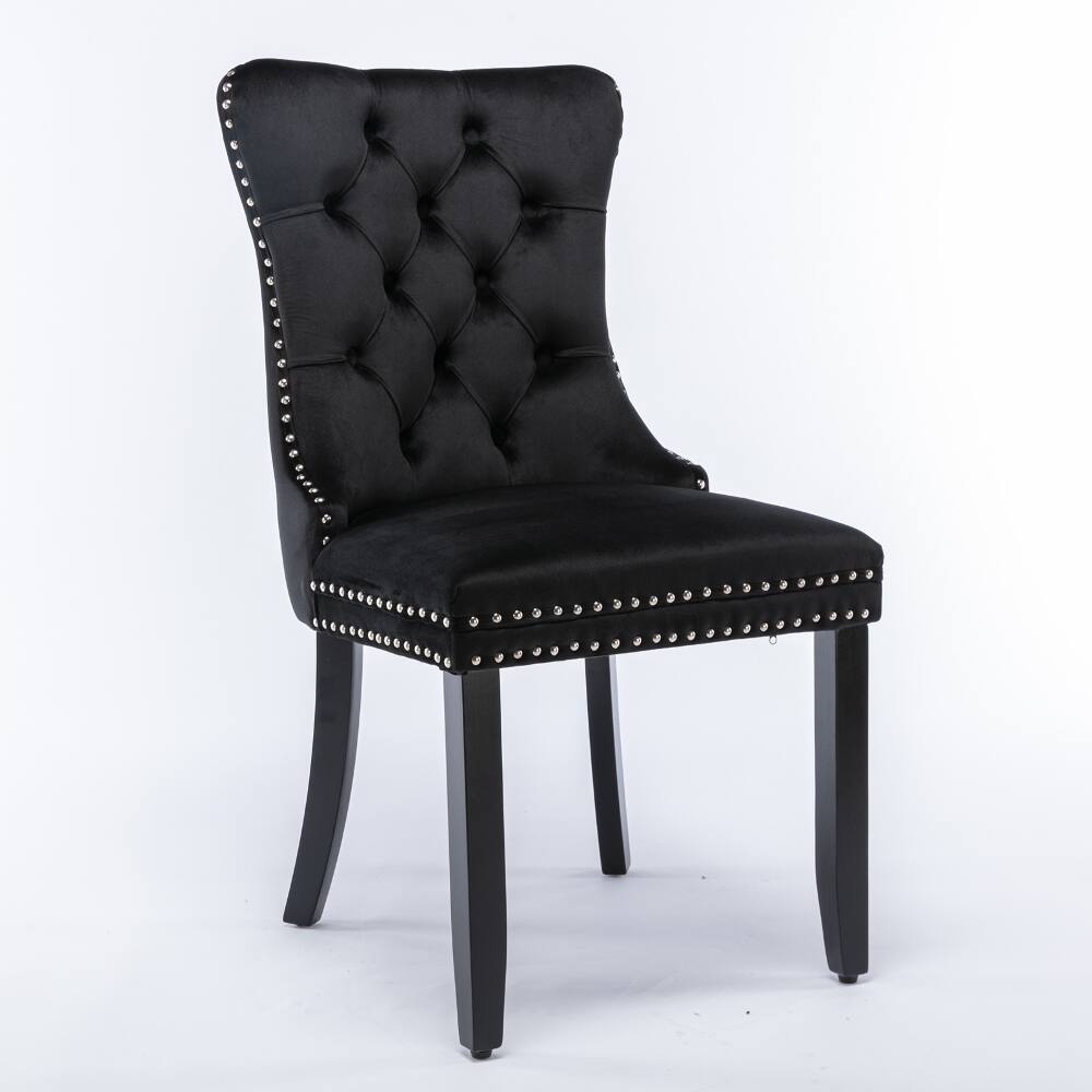 Left. Loheer - Loheer Black Velvet Dining Chairs Set of 2 Tufted Solid Wood Nailhead Trim - Black.