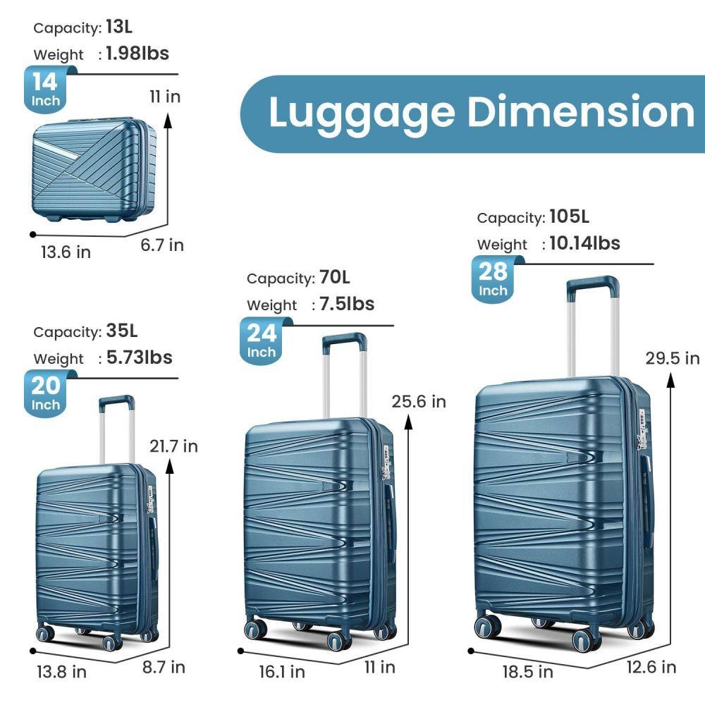Luggage Dimension

14 Inch
- Capacity: 13L
- Weight: 1.98lbs
- Dimensions: 13.6 in x 11 in x 6.7 in

20 Inch
- Capacity: 35L
- Weight: 5.73lbs
- Dimensions: 21.7 in x 13.8 in x 8.7 in

24 Inch
- Capacity: 70L
- Weight: 7.5lbs
- Dimensions: 25.6 in x 16.1 in x 11 in

28 Inch
- Capacity: 105L
- Weight: 10.14lbs
- Dimensions: 29.5 in x 18.5 in x 12.6 in