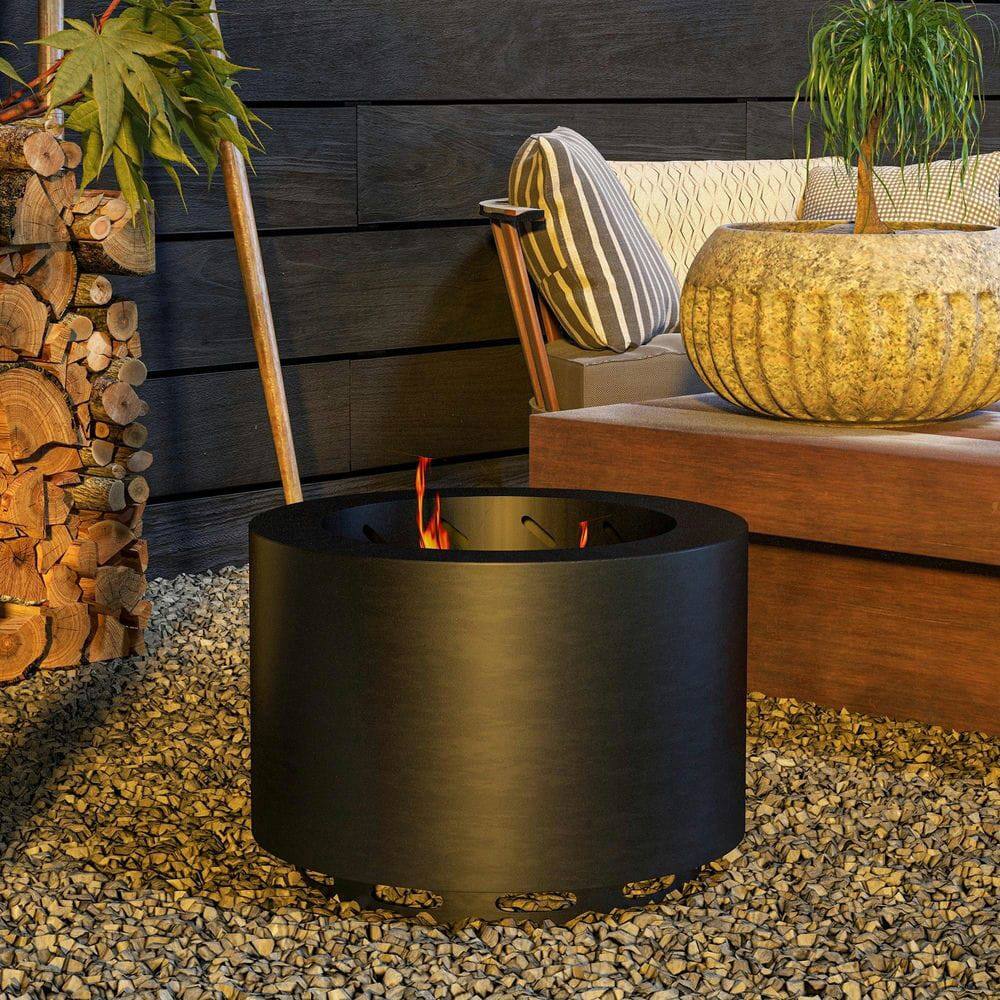Left. Resenkos - Steel Smokeless Fire Pit, Portable Camping Stove with Poker for Backyard & Patio, Black.