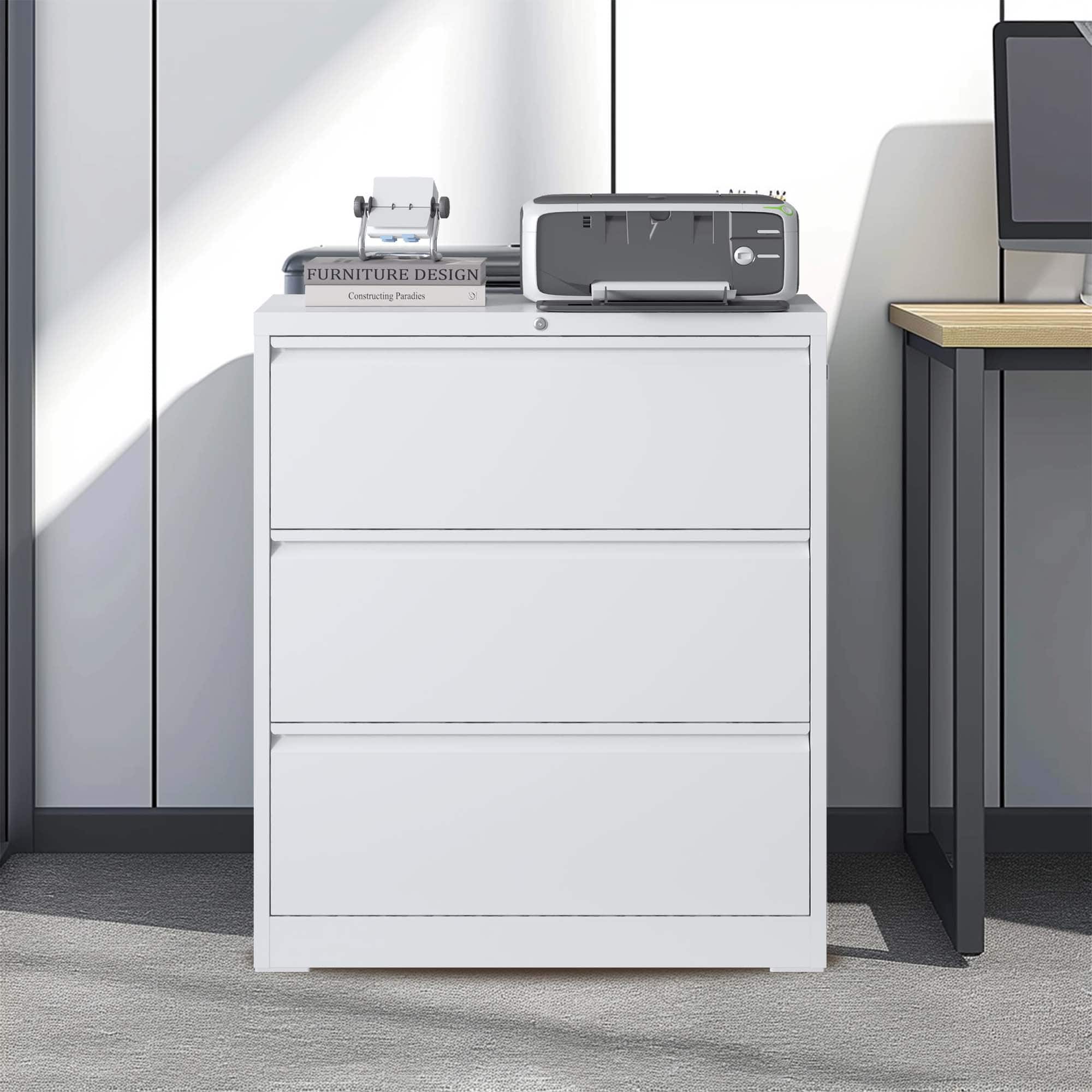 Anysun - Wide 3-Drawer Design Locking Lateral File Cabinet - White