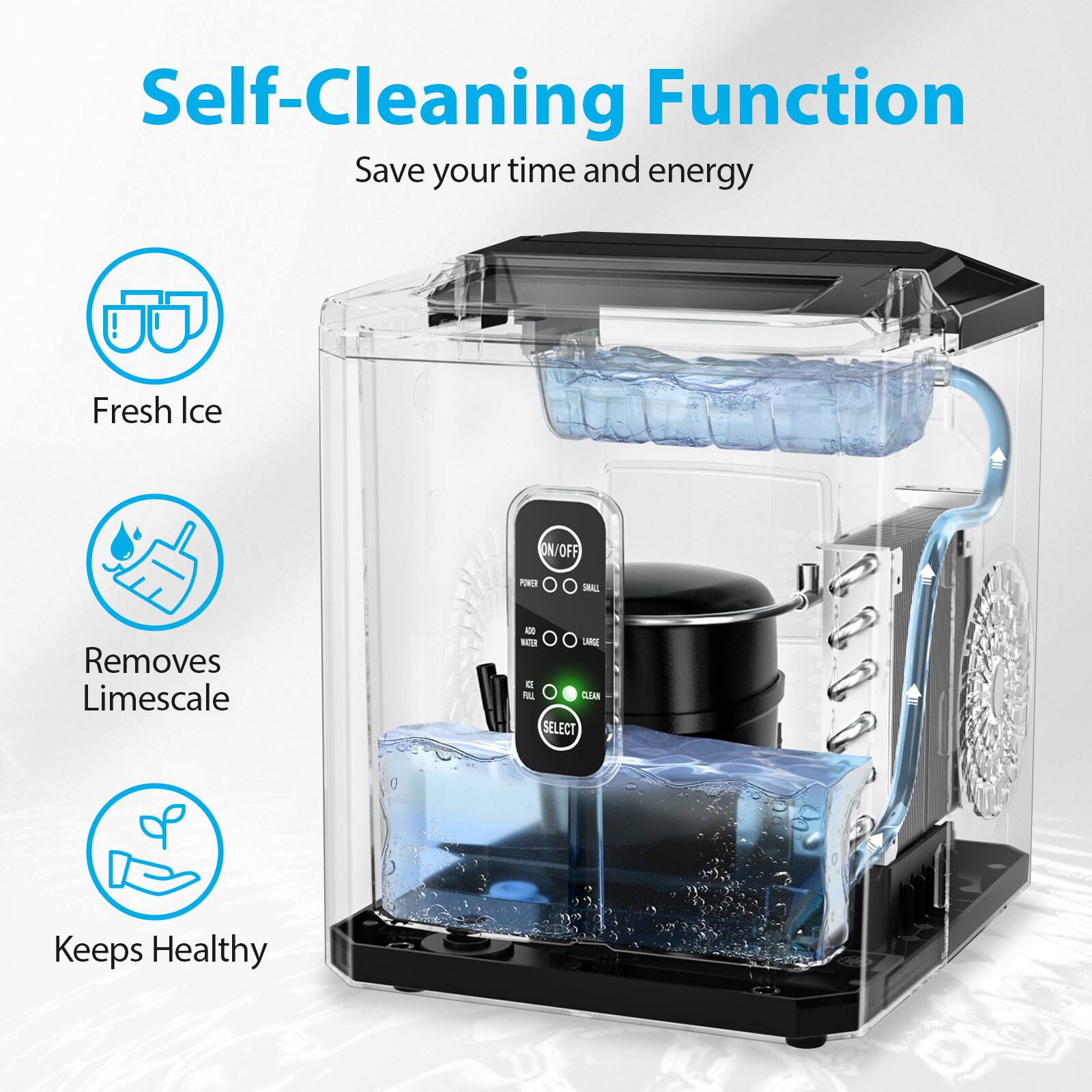 Self-Cleaning Function  
Save your time and energy  

- Fresh Ice  
- Removes Limescale  
- Keeps Healthy