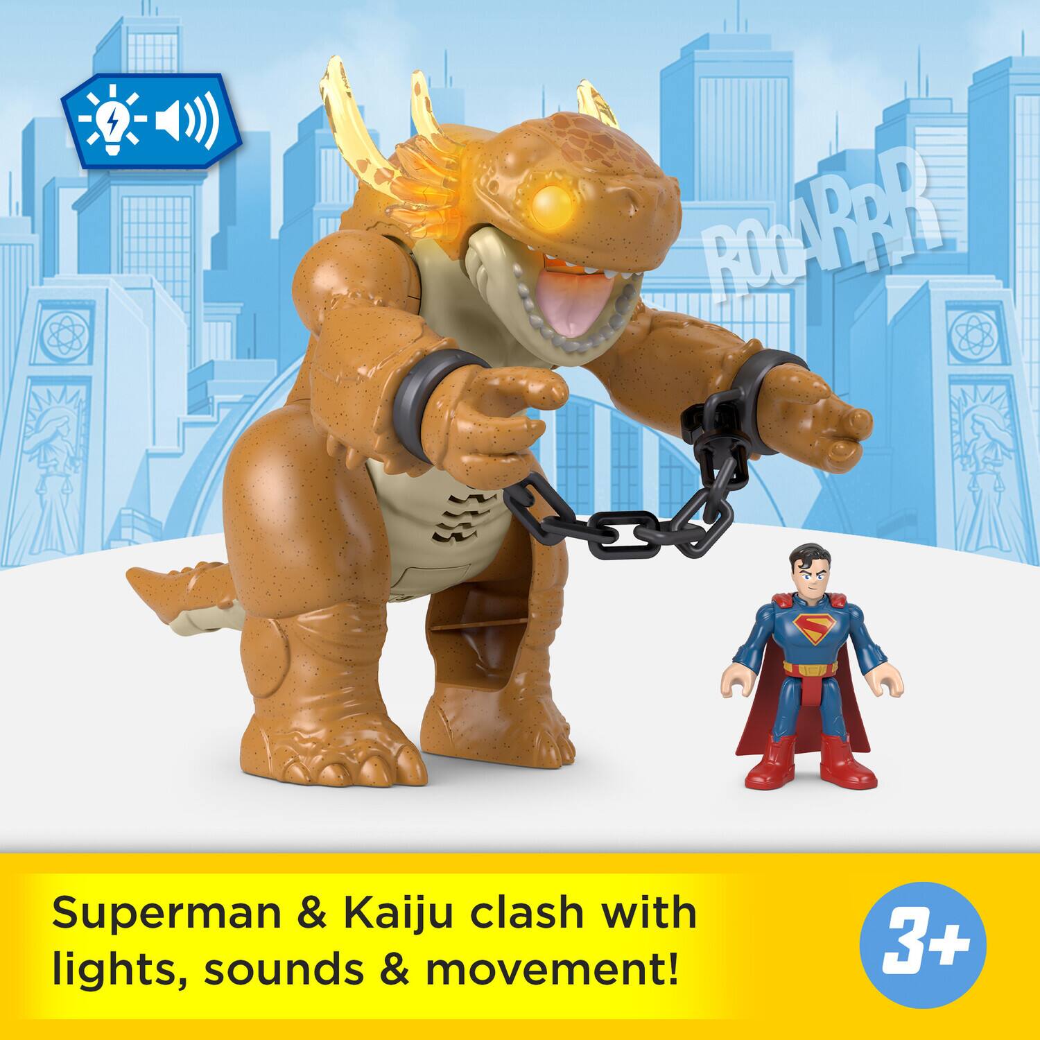 Superman & Kaiju clash with lights, sounds & movement!  
3+