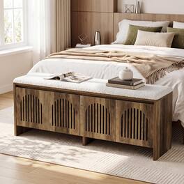 Tribesigns - 55" Upholstered End of Bed Bench, Farmhouse Wooden Bedroom Bench with Storage Cabinet for Bedroom End of Bed, Living Roo - Brown and White