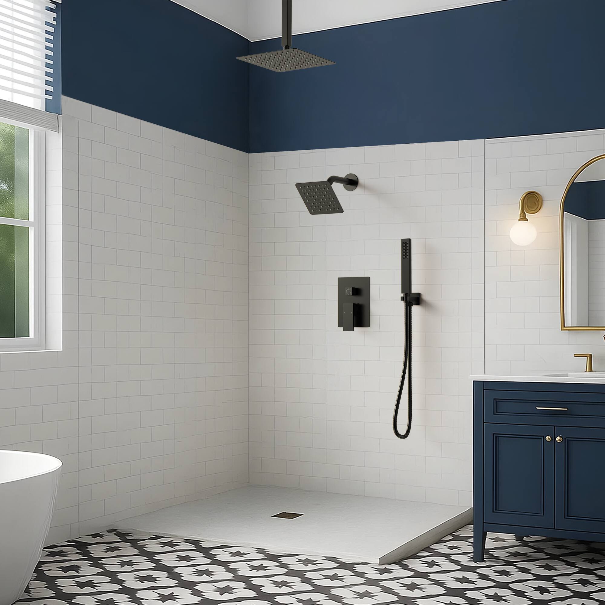 Angle. GRANDJOY - Dual Shower System with 10" Ceiling Rain Head, Handheld Sprayer, and Pressure Balance Valve for Modern Bathroom - Matte Black.