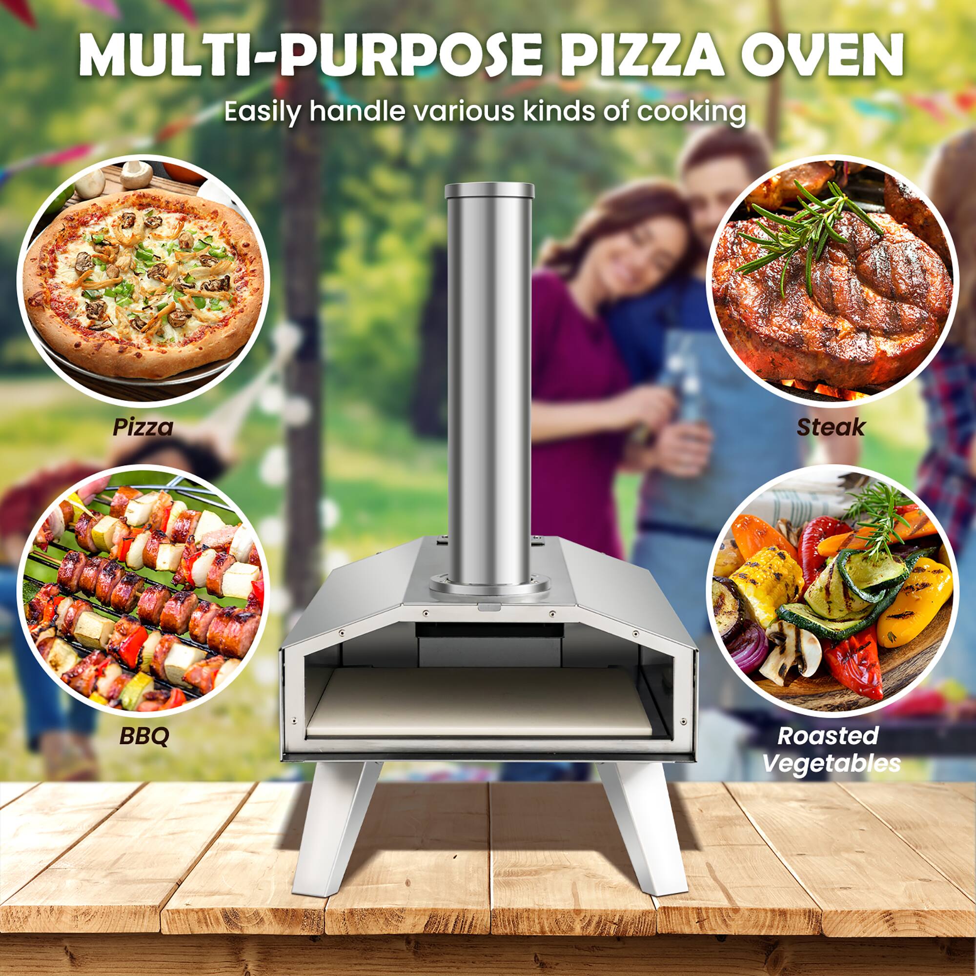 Multi-Purpose Pizza Oven: Easily handle various kinds of cooking - Pizza, Steak, BBQ, Roasted Vegetables.