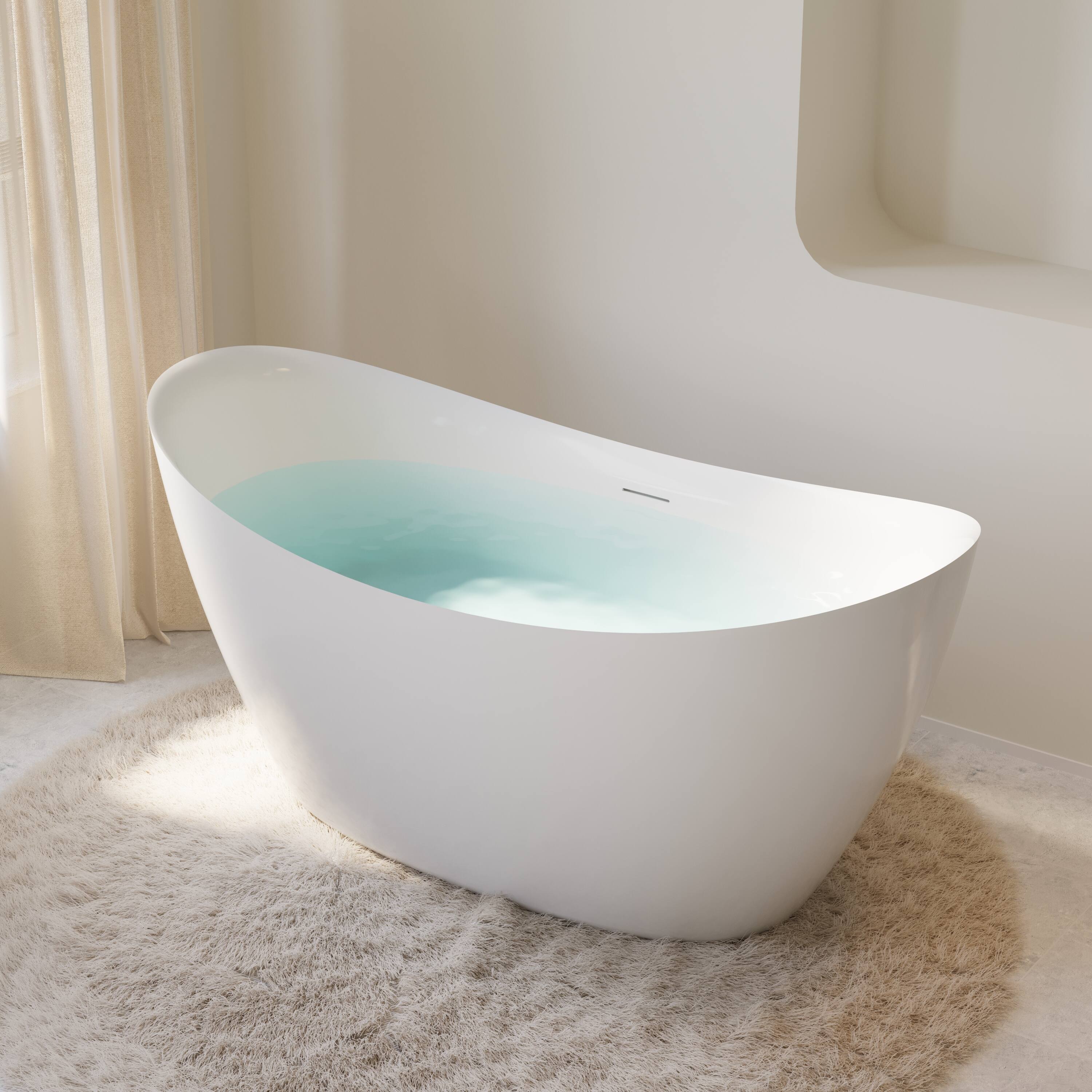 Left. WELLFOR - Villa 60 in. x 28.75 in. Acrylic Oval Freestanding Soaking Bathtub with Center Drain and Overflow - White.