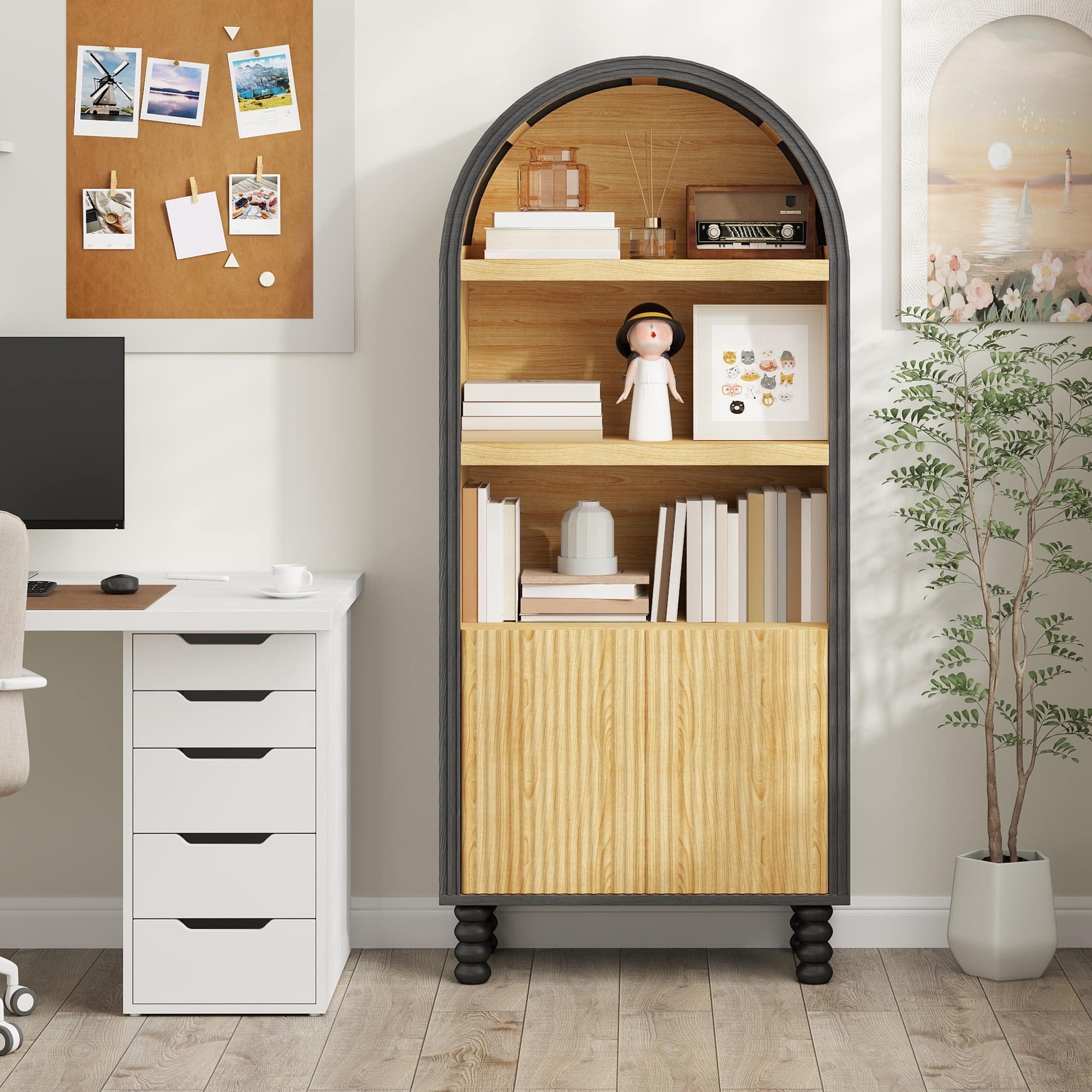 U-HOMY - Modern 5-Tier Arched Bookcase with Doors and Shelves, Grooved Storage Cabinet for Living Room or Home Office - Black and Wood