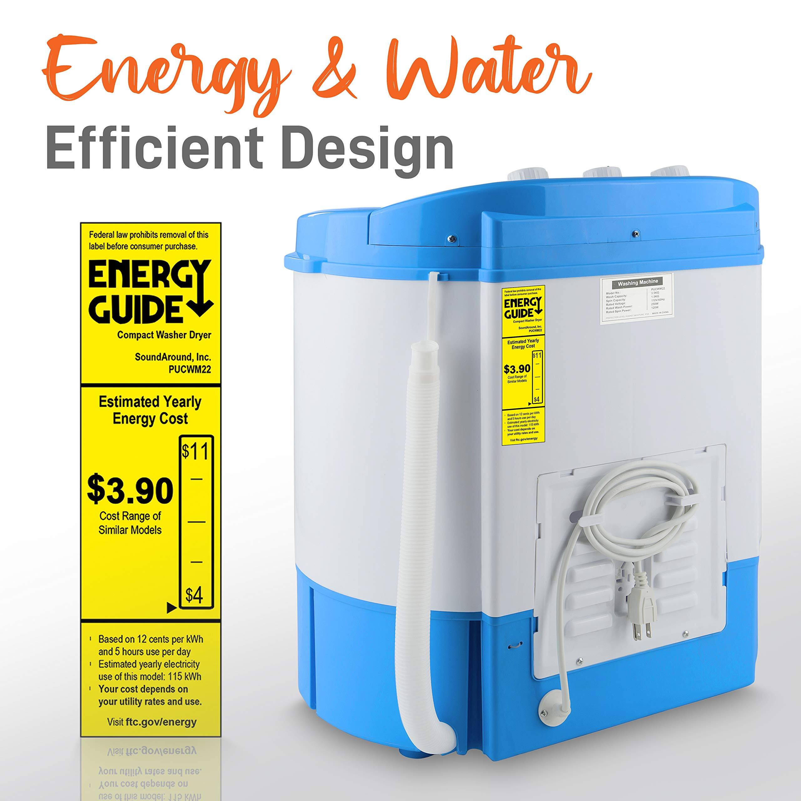 Energy & Water Efficient Design

Federal law prohibits removal of this label before consumer purchase.

ENERGY GUIDE
Compact Washer Dryer
SoundAround, Inc.
PUCWM22

Estimated Yearly Energy Cost
$11

Cost Range of Similar Models
$3.90 - $4

Based on 12 cents per kWh and 5 hours use per day
Estimated yearly electricity use of this model: 115 kWh
Your cost depends on your utility rates and use.
Visit ftc.gov/energy