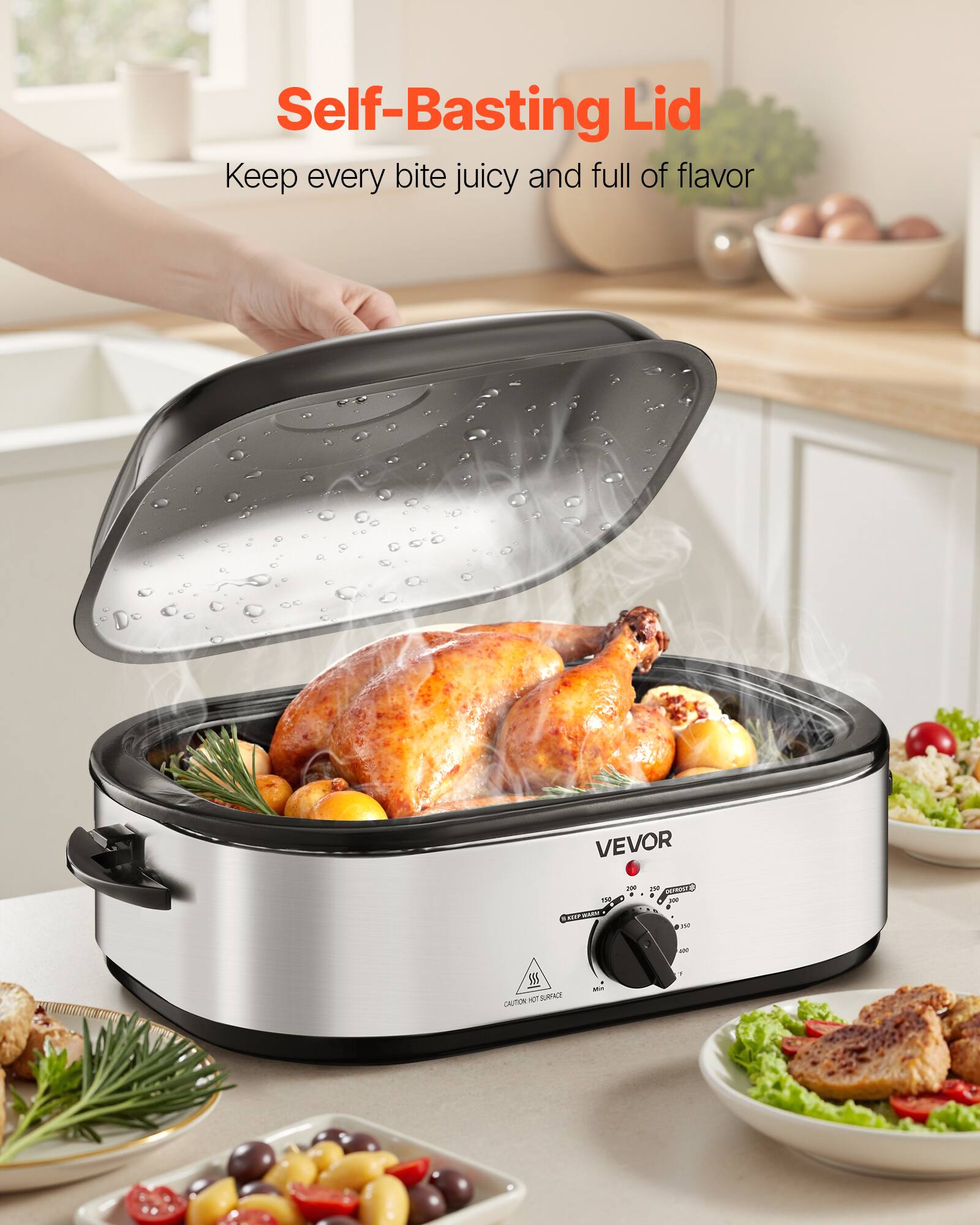 Self-Basting Lid  
Keep every bite juicy and full of flavor  

VEVOR 200 250 QUESTO il ng 200 . ASVP - use  
100  
ISS NOT SURFACE CAUTION  
Min