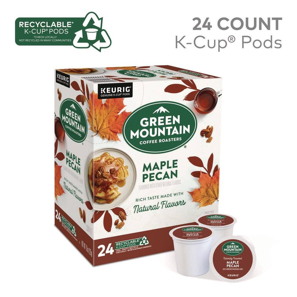 RECYCLABLE* K-CUP® PODS  
CHECK LOCALLY  
NOT RECYCLED IN MANY COMMUNITIES  

24 COUNT K-Cup® Pods  

KEURIG  
GENUINE K-CUP® PODS  

GREEN MOUNTAIN  
COFFEE ROASTERS  

MAPLE PECAN  
RICH TASTE MADE WITH NATURAL FLAVORS  

24 COUNT  

RECYCLABLE* K-CUP® PODS  
CHECK LOCALLY  
NOT RECYCLED IN MANY COMMUNITIES