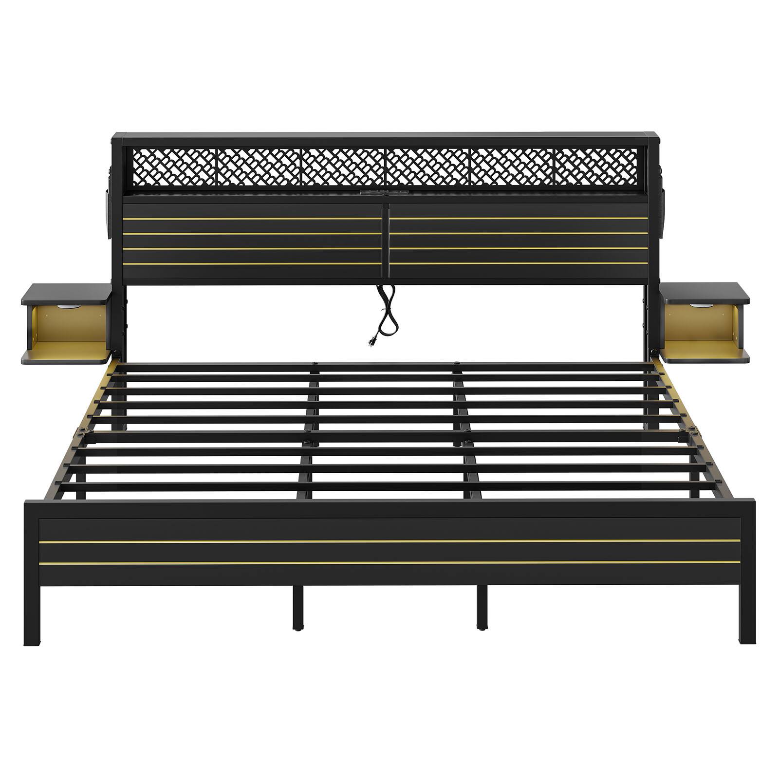 Alt View 2. Bestier - Bestier King Bed Frame Golden Stripe Headboard LED Nightstands Metal Platform No Box Spring - Black.