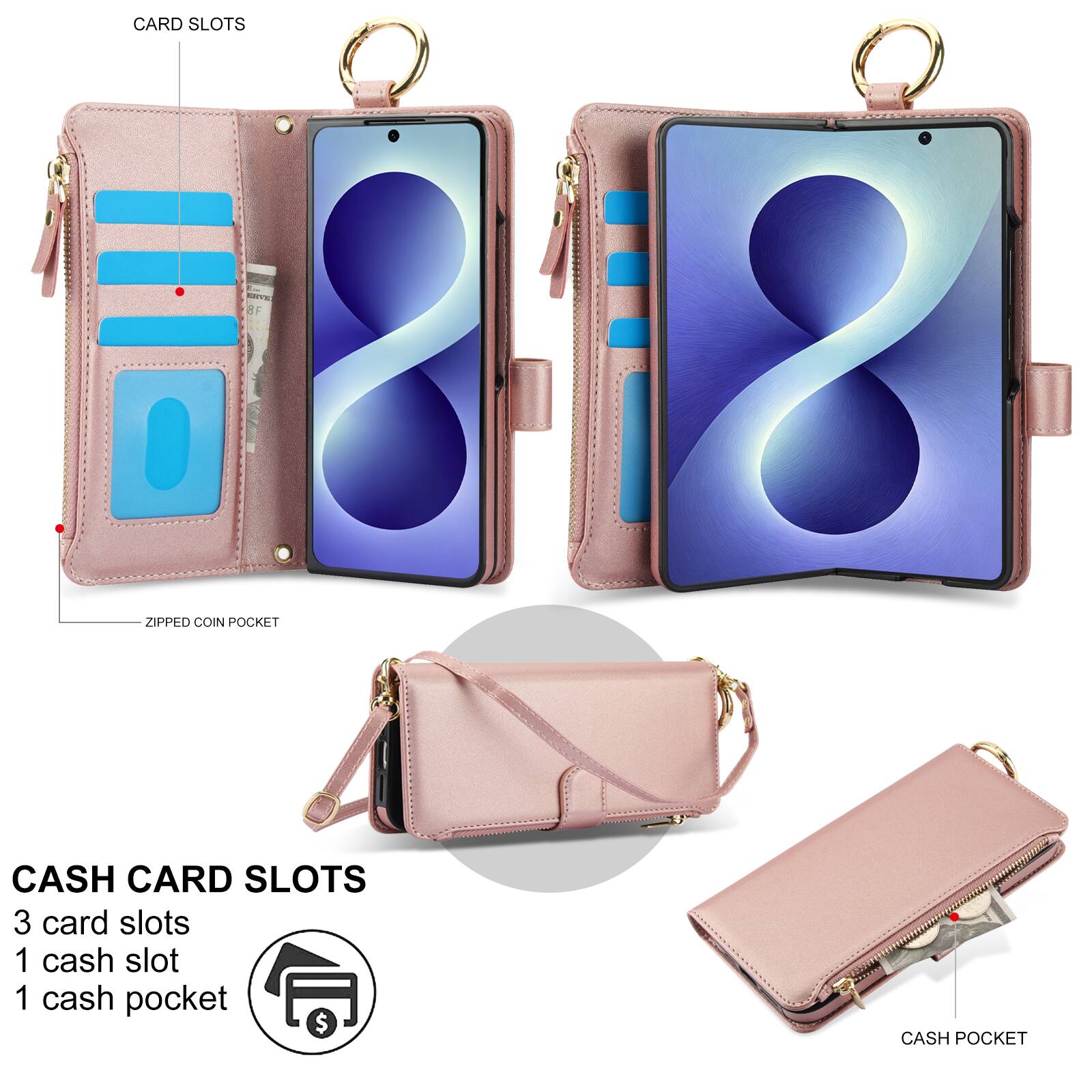 CARD SLOTS  
8F ZIPPED COIN POCKET

CASH CARD SLOTS  
3 card slots  
1 cash slot  
1 cash pocket