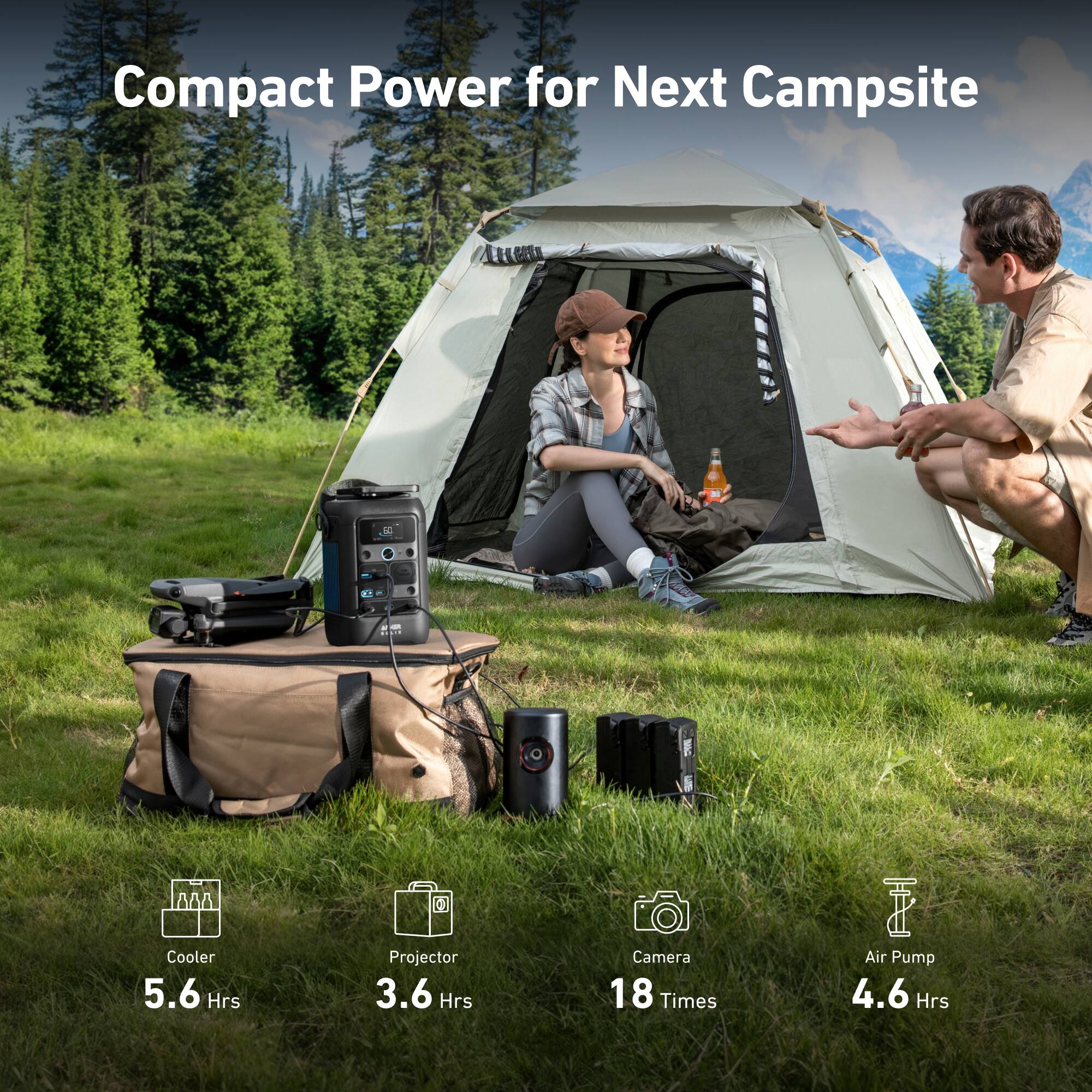 Compact Power for Next Campsite

Cooler 5.6 Hrs  
Projector 3.6 Hrs  
Camera 18 Times  
Air Pump 4.6 Hrs