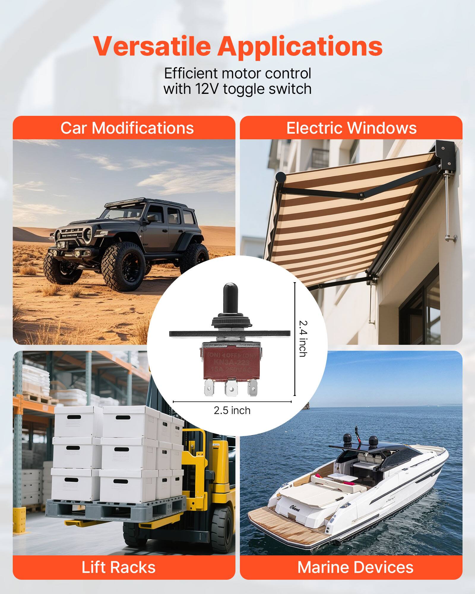 Versatile Applications  
Efficient motor control with 12V toggle switch  

Car Modifications  
Electric Windows  
Lift Racks  
Marine Devices  

2.4 inch  
2.5 inch