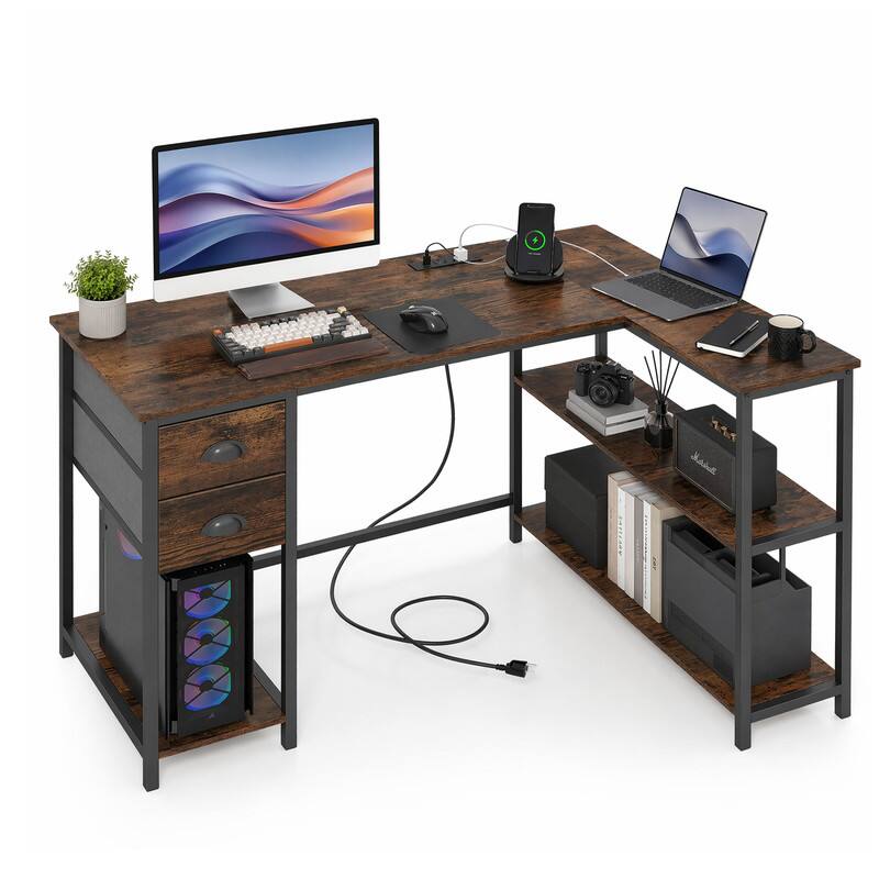 Angle. WELLFOR - 48" L Shaped Office Desk Charging Station &2 Fabric Drawers,Corner Computer Desk with Open Shelf for Home Office Gaming - Rustic Brown.