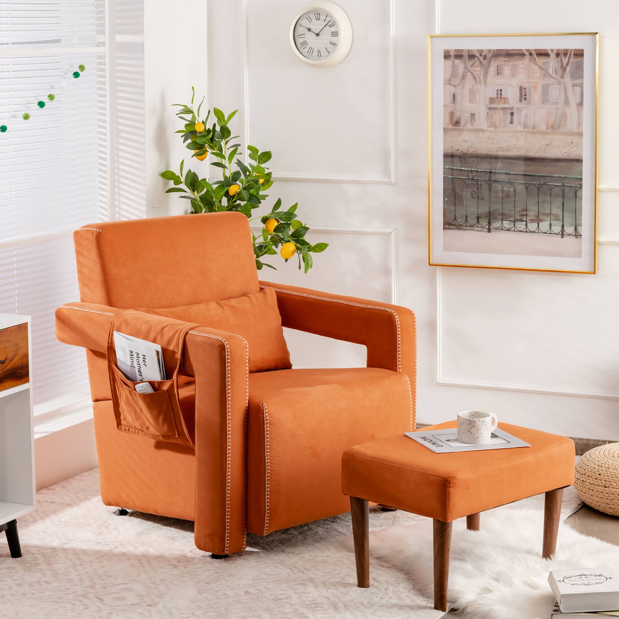 "A cozy living room with an orange chair, a coffee table, a clock on the wall, and a potted plant."