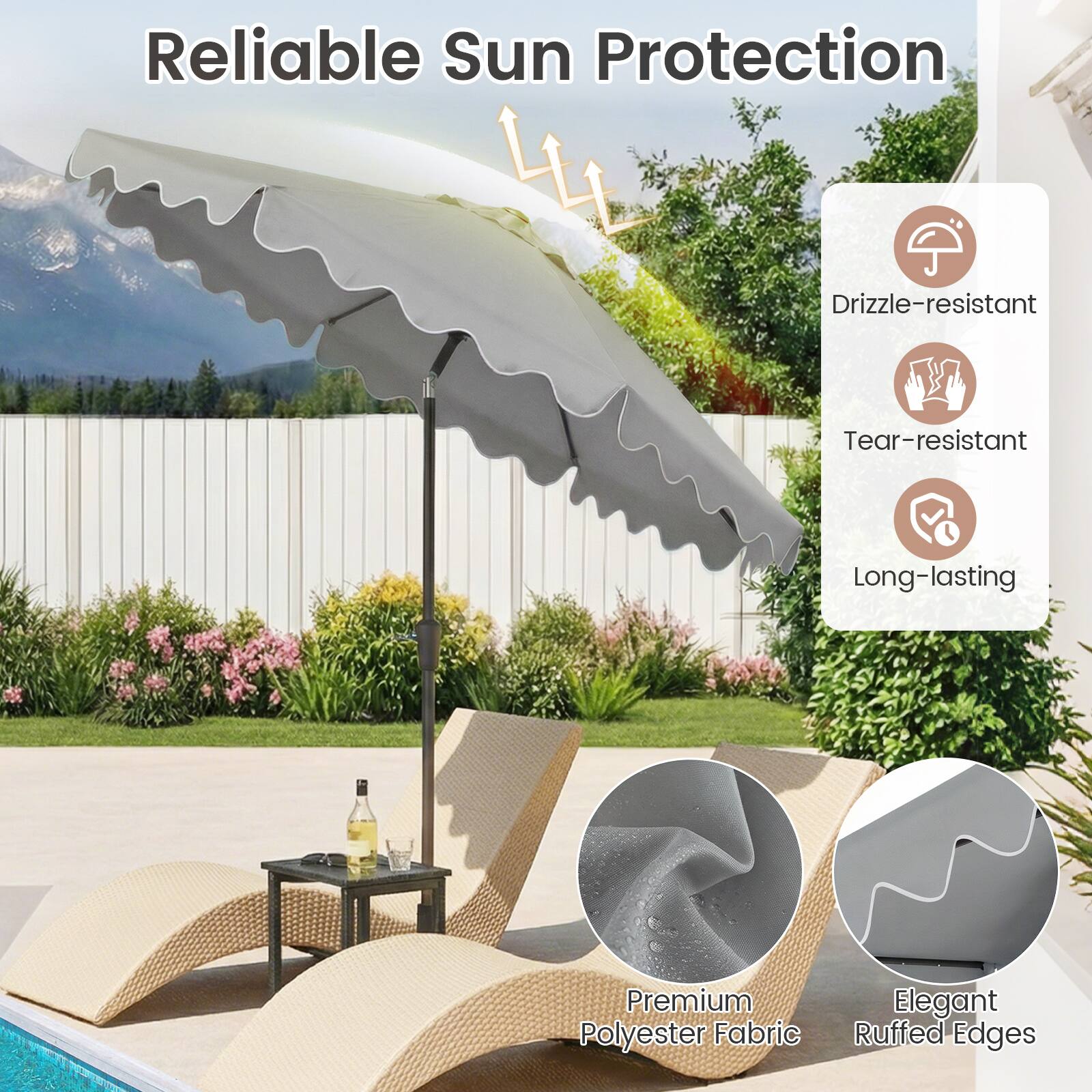 Reliable Sun Protection  
Drizzle-resistant  
Tear-resistant  
Long-lasting  
Premium Polyester Fabric  
Elegant Ruffled Edges