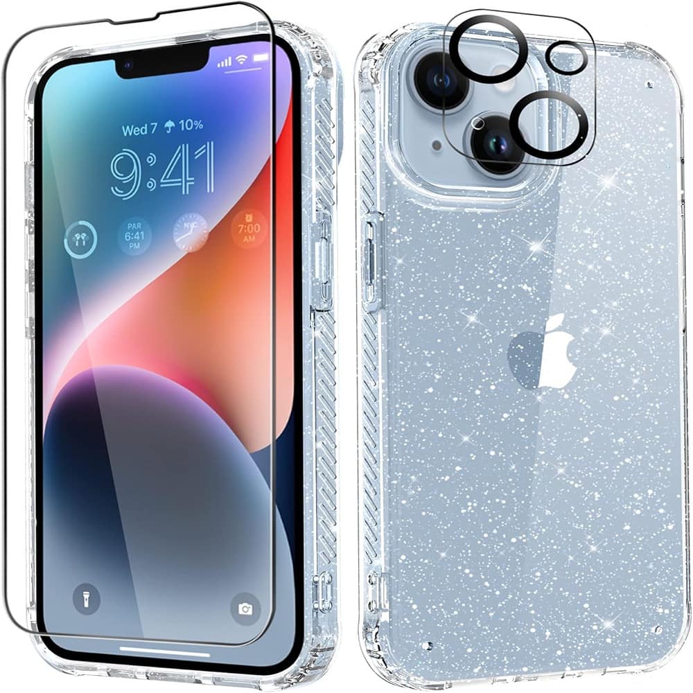 ACJPR - iPhone 14 Case, Clear Glitter with Screen & Camera Protectors, Sparkle - Color: Clear Size: for iPhone 14 6.1