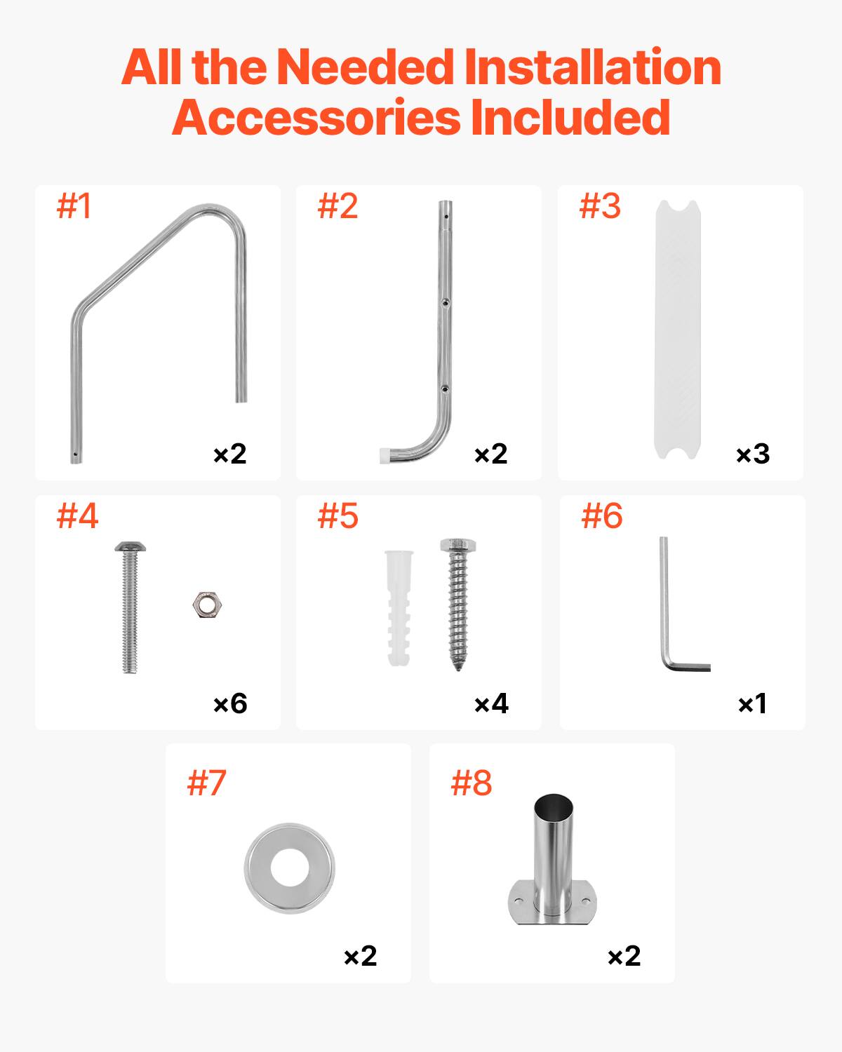 All the Needed Installation Accessories Included

#1 x2  
#2 x2  
#3 x3  
#4 x6  
#5 x4  
#6 x1  
#7 x2  
#8 x2