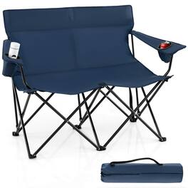 Costway - 2-Person Outdoor Folding Loveseat with Cup Holders Armrests Carrying Bag - Blue