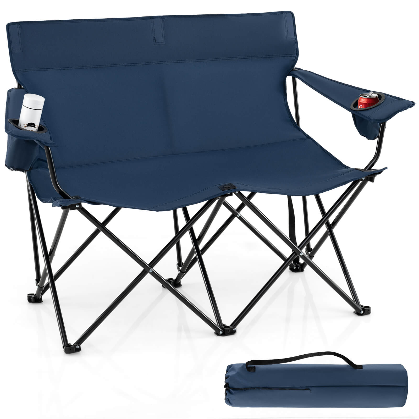 Front. Costway - Costway 2-Person Outdoor Folding Loveseat with Cup Holders Armrests Carrying Bag - Blue.
