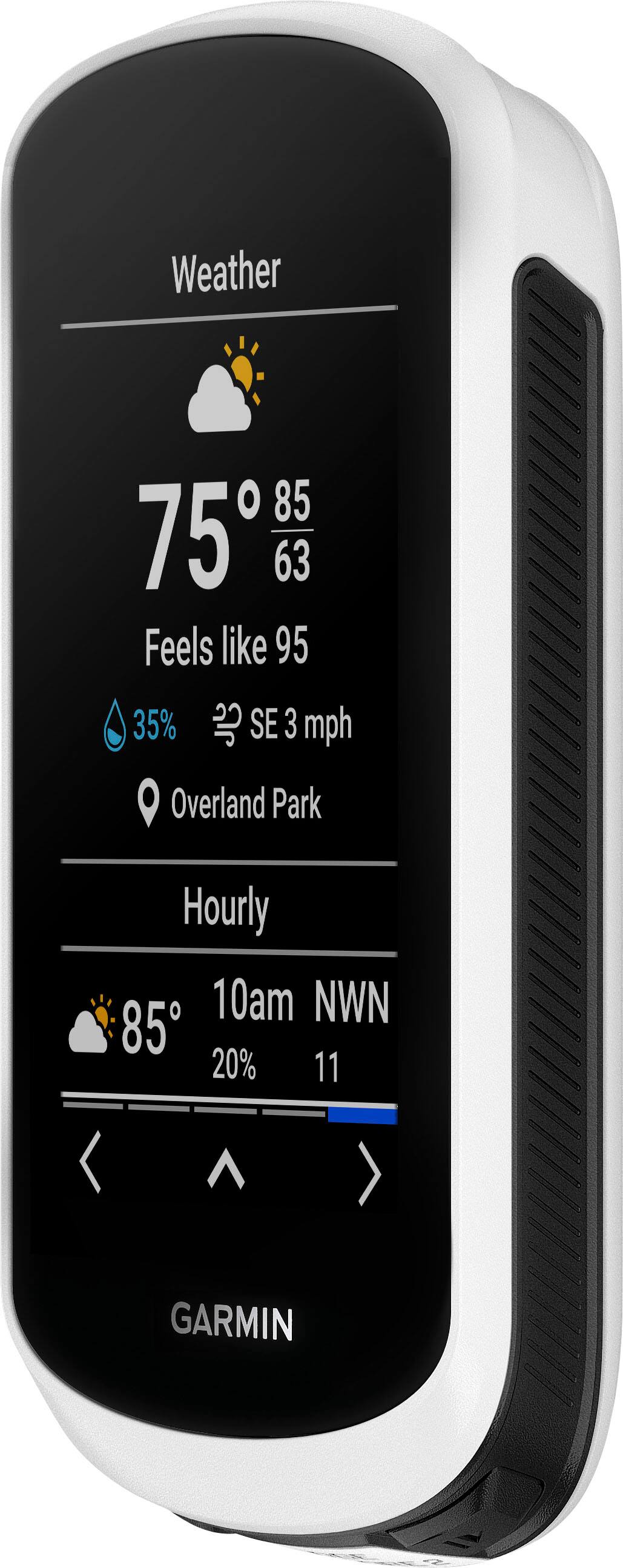 The image shows a Garmin device displaying the weather for Overland Park. The temperature is 75 degrees, with a feels like temperature of 95 degrees. The humidity is 35%, and the wind is coming from the southeast at 3 mph. The device also provides an hourly forecast for 10am, with a temperature of 85 degrees and a 20% chance of rain.