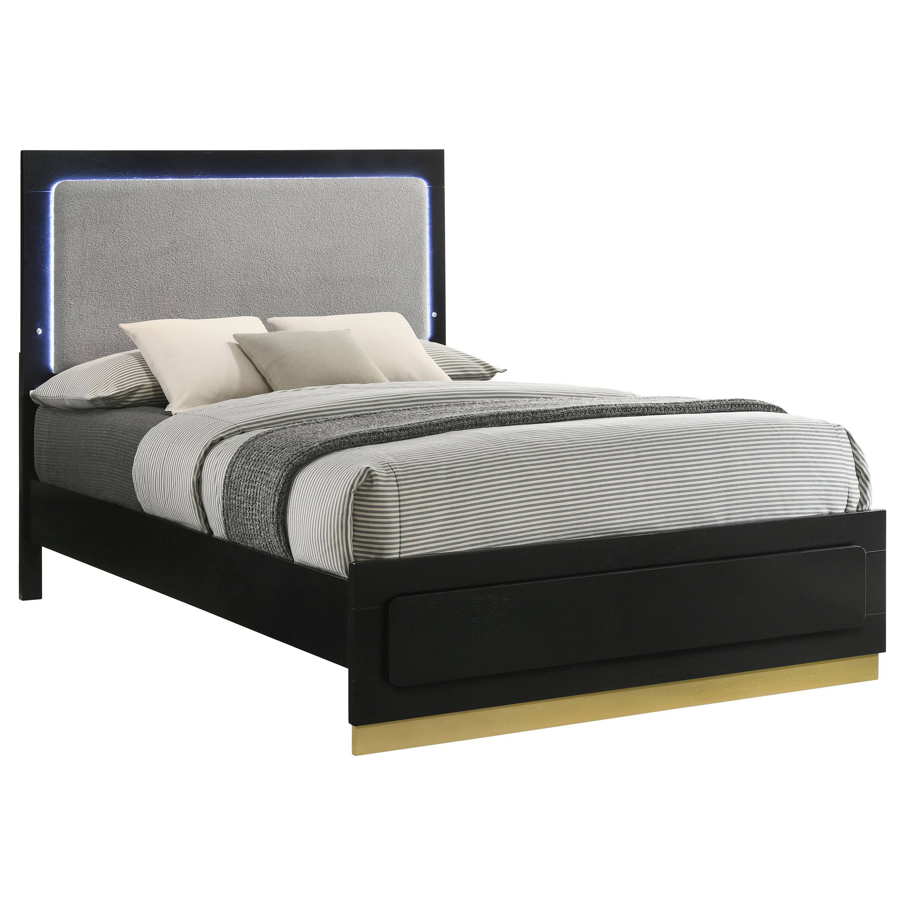 Alt View 1. Manhattan Lane - Caer Queen Size Bed, LED Panel Tall Headboard, Gray Upholstery, Black Okume - Black, Gray, Gold.