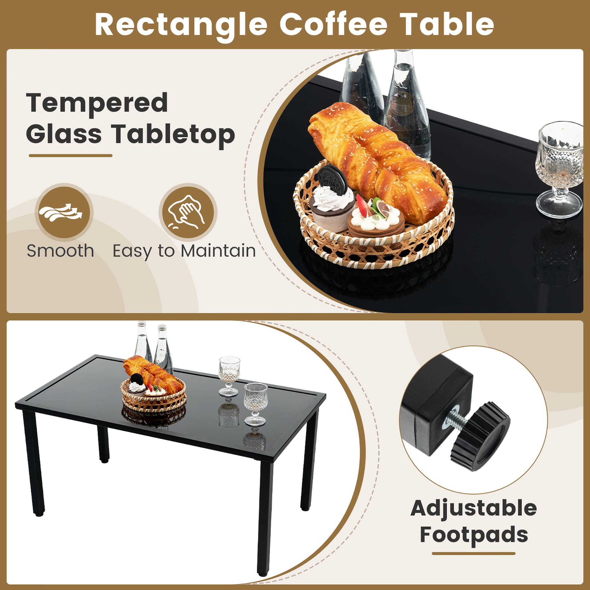 Rectangle Coffee Table, Tempered Glass Tabletop, Smooth, Easy to Maintain, Adjustable Footpads