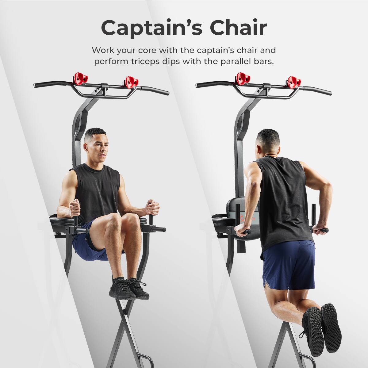 Captain's Chair
Work your core with the captain's chair and perform triceps dips with the parallel bars.