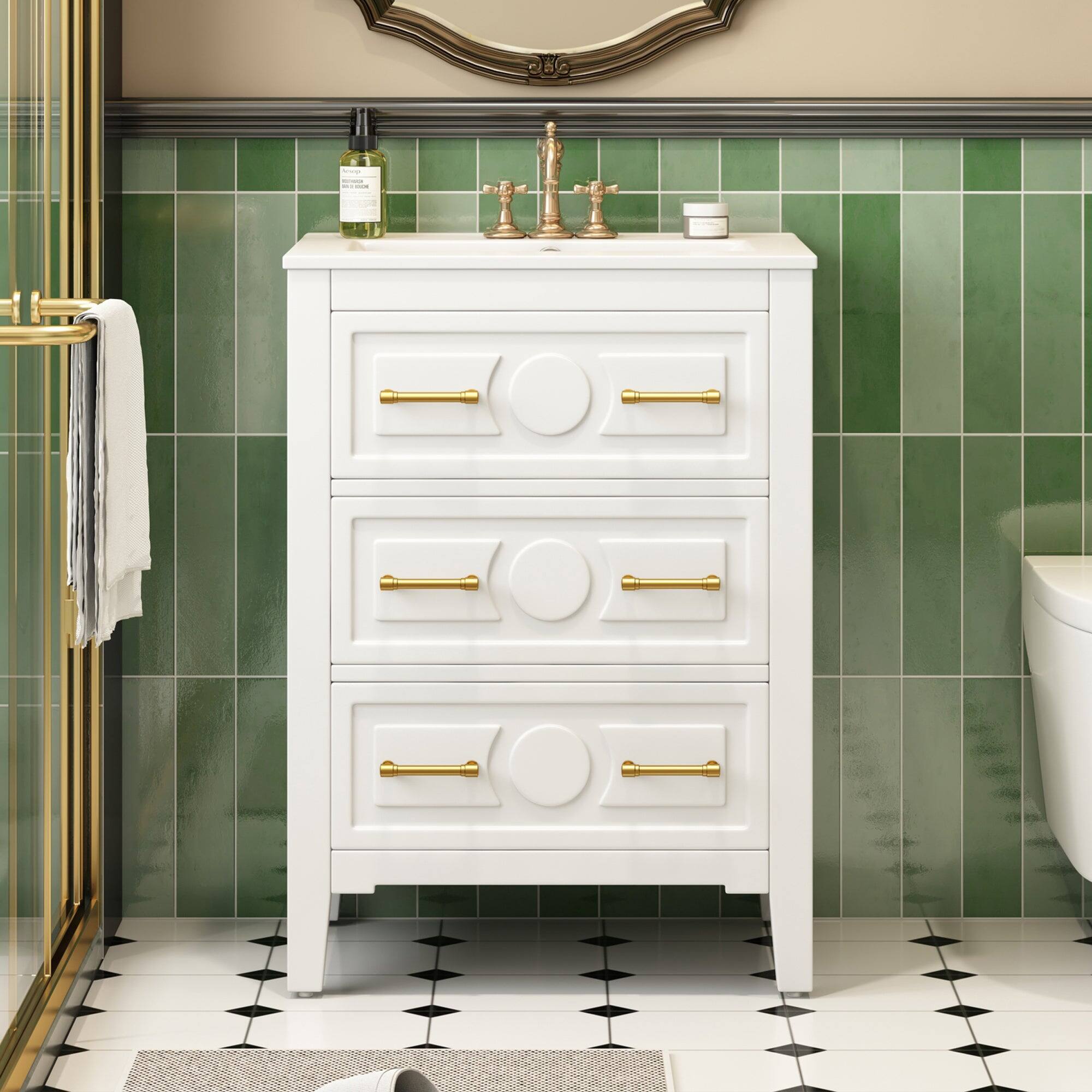 Alt View 4. Boyel Living - 24 Inch Retro Bathroom Vanity with Ceramic Sink and Three Drawers White - White.