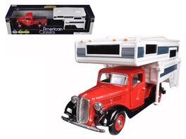 1937 Ford Pickup Truck with Camper Shell 1/24 Diecast Model Car by Motormax - Red And White