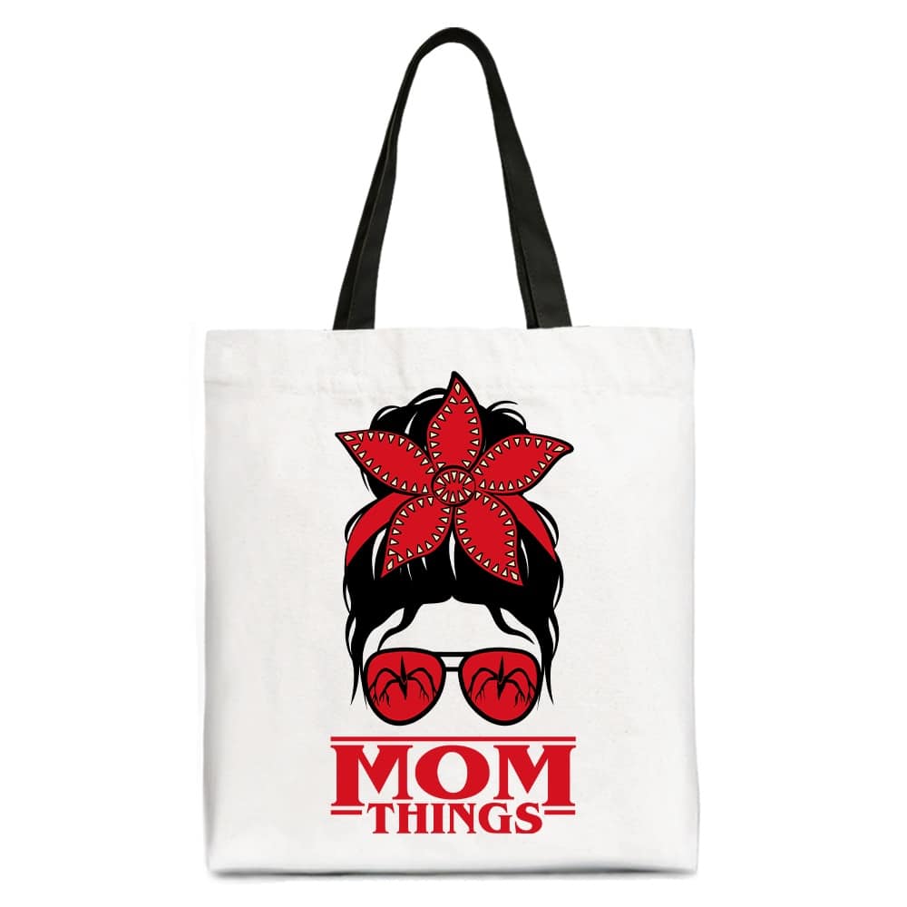 OrnamentallyYou - Mom Things Messy Bun Retro Tote Bag, Red Bandana Glasses Family Matching Gift Shopper - White Black