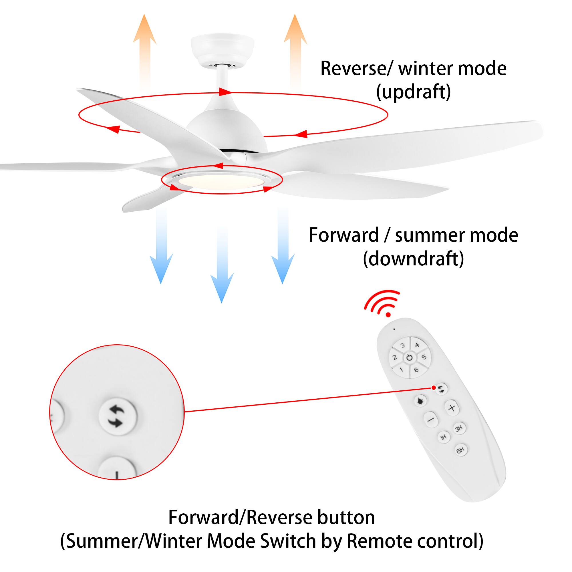 Reverse/winter mode (updraft)  
Forward/summer mode (downdraft)  

Forward/Reverse button (Summer/Winter Mode Switch by Remote control)