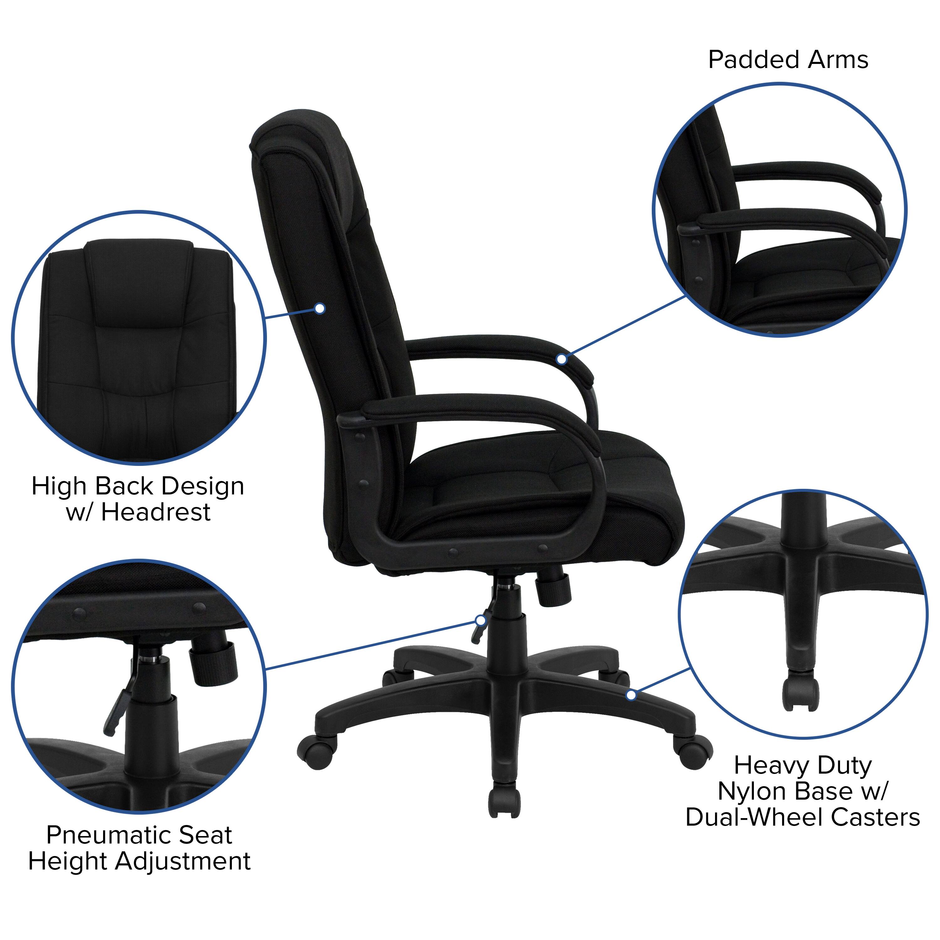 Padded Arms  
High Back Design w/ Headrest  
Pneumatic Seat Height Adjustment  
Heavy Duty Nylon Base w/ Dual-Wheel Casters