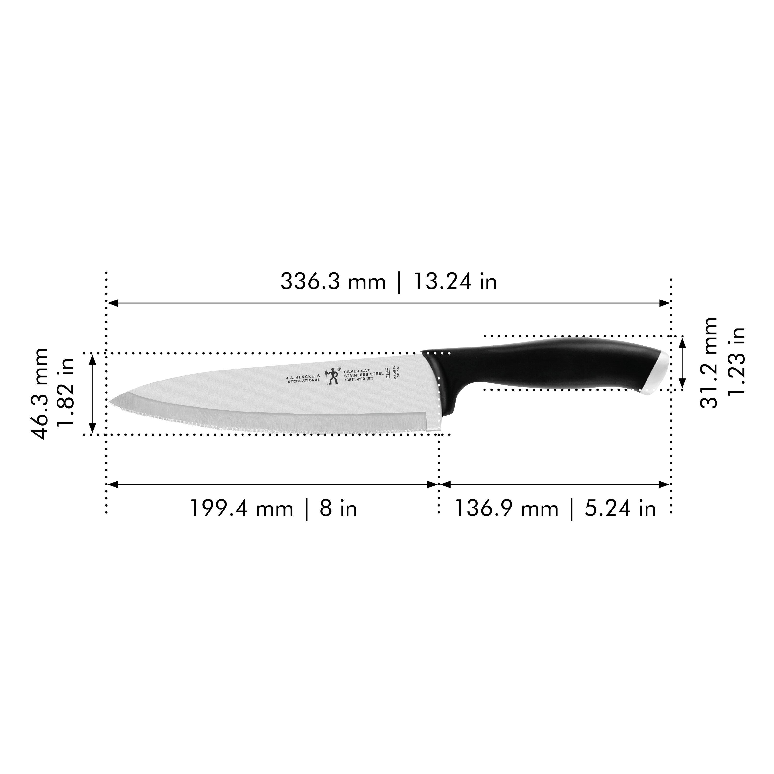 - Length: 336.3 mm | 13.24 in
- Blade Height: 46.3 mm | 1.82 in
- Blade Width: 31.2 mm | 1.23 in
- Handle Length: 199.4 mm | 8 in
- Overall Length: 136.9 mm | 5.24 in