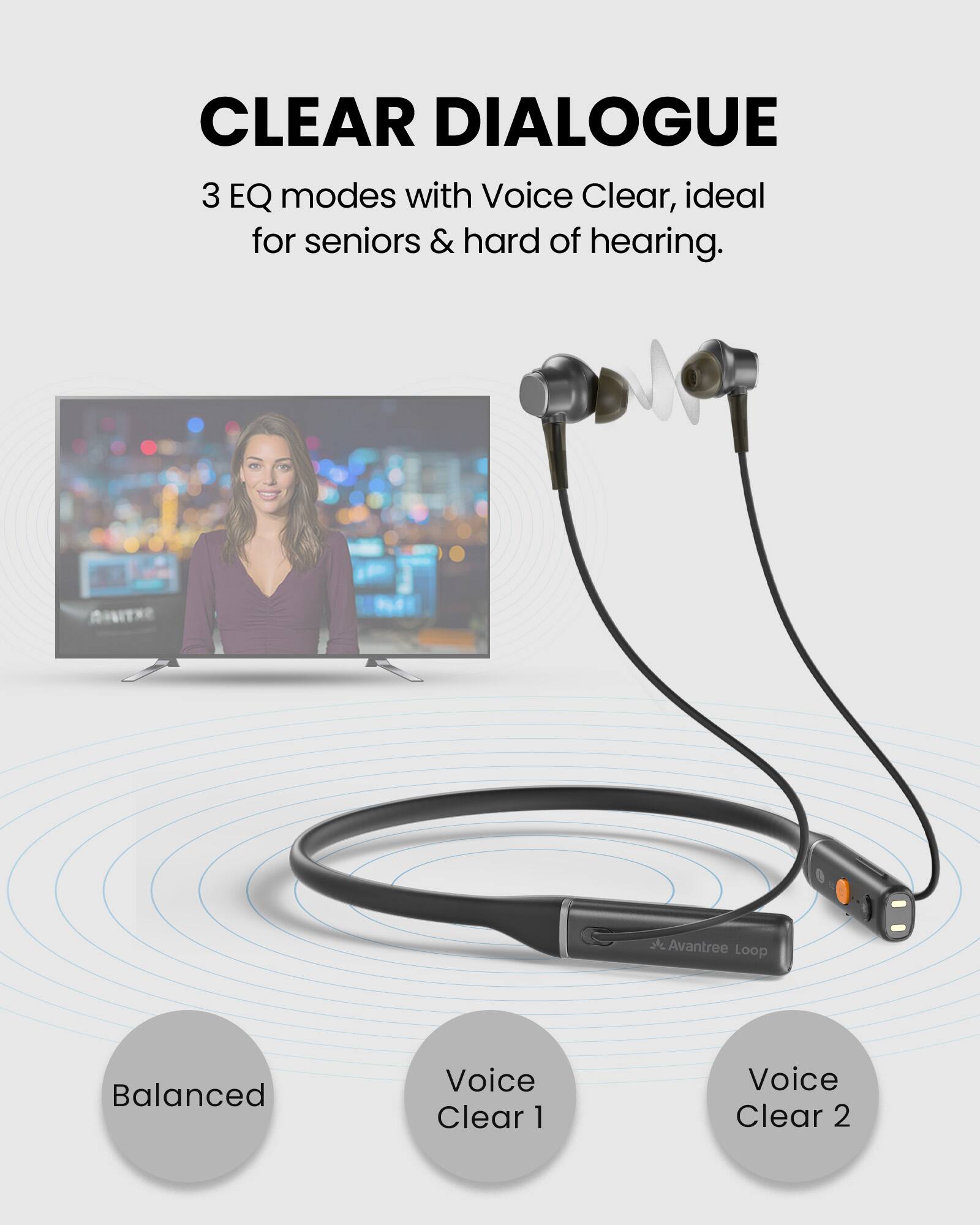 CLEAR DIALOGUE

3 EQ modes with Voice Clear, ideal for seniors & hard of hearing.

- Balanced
- Voice Clear 1
- Voice Clear 2