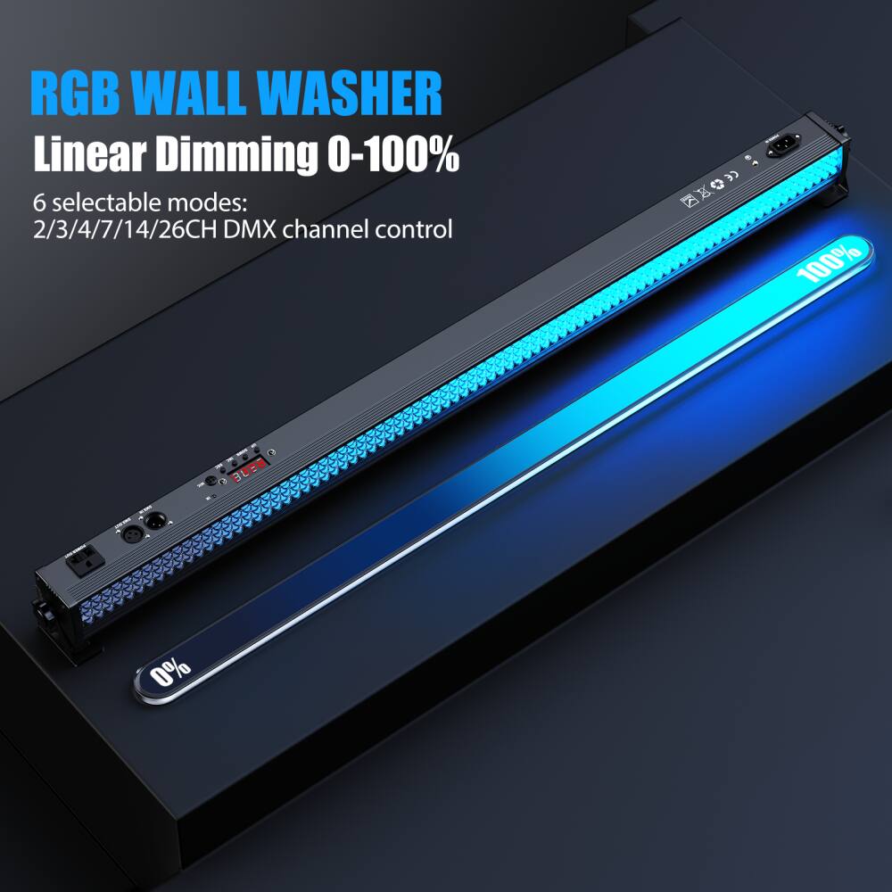RGB WALL WASHER  
Linear Dimming 0-100%  

6 selectable modes:  
2/3/4/7/14/26CH DMX channel control