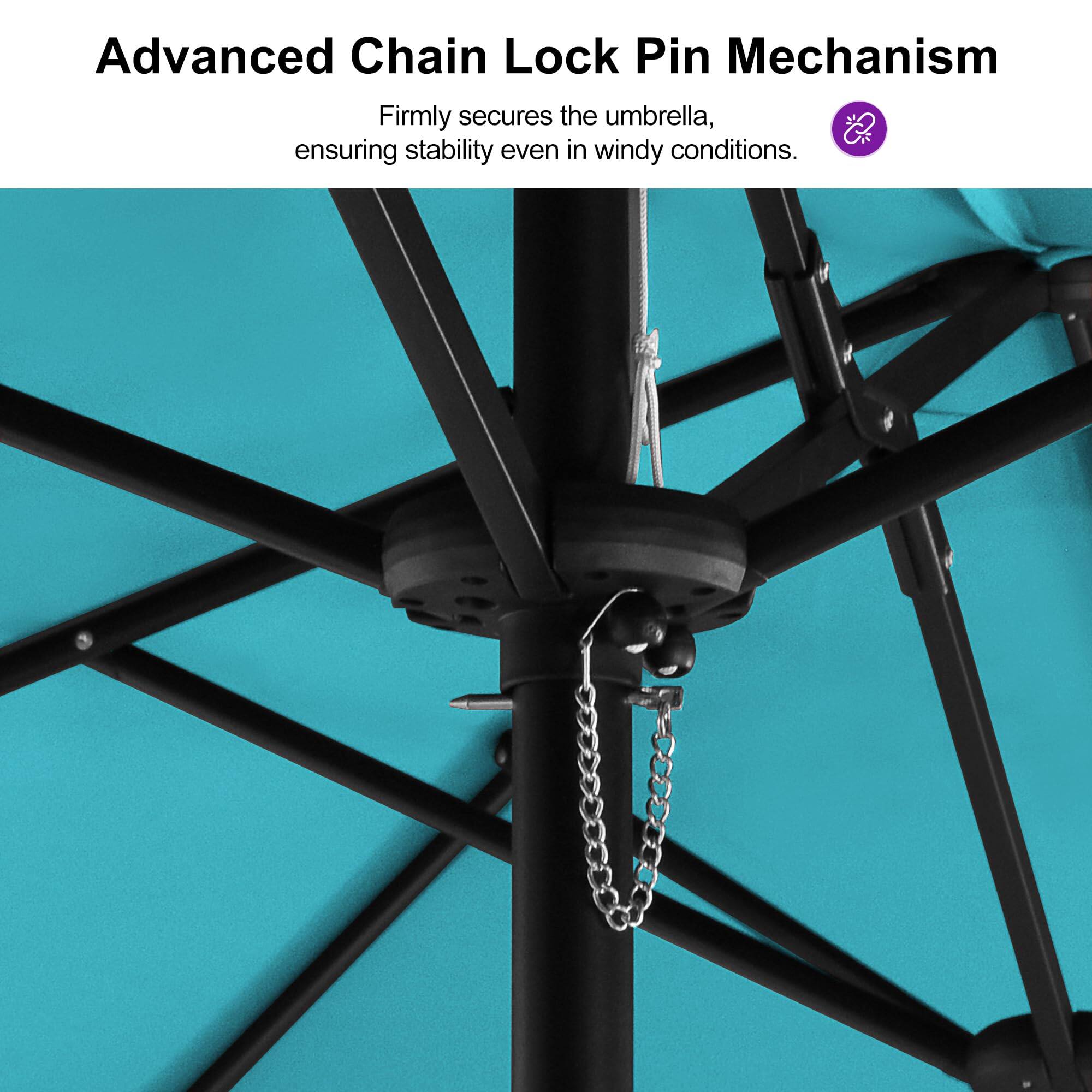 Advanced Chain Lock Pin Mechanism  
Firmly secures the umbrella, ensuring stability even in windy conditions.