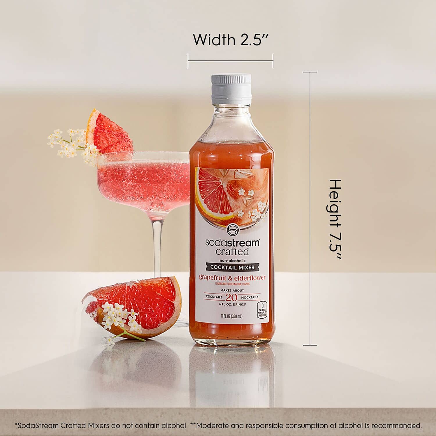 The image features a bottle of SodaStream Crafted Mixer Grapefruit & Elderflower Lime, which is a non-alcoholic cocktail mixer. The bottle is placed next to a glass filled with the mixer, showcasing the refreshing beverage. The image also includes a measurement chart, indicating the width and height of the bottle, which is 2.5" and 7.5" respectively. The text on the image emphasizes that SodaStream Crafted Mixers do not contain alcohol and encourages moderate and responsible consumption of alcoholic beverages.