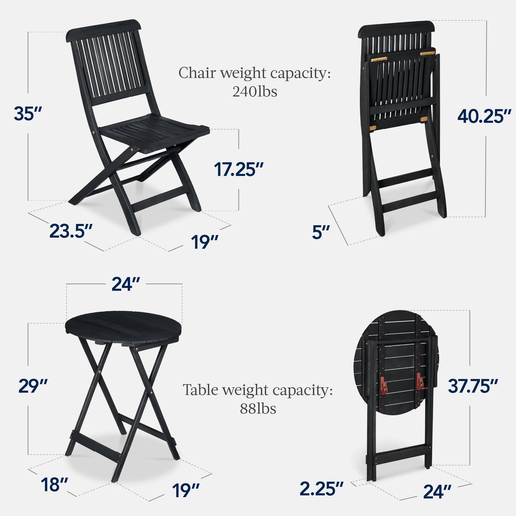 Chair weight capacity: 240lbs  
35"  
40.25"  
17.25"  
23.5"  
19"  
5"  

Table weight capacity: 88lbs  
37.75"  
24"  
29"  
18"  
19"  
2.25"