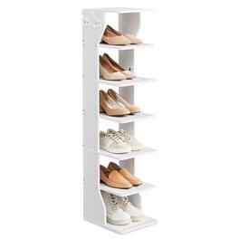 Songmics Home - 7 Tier Vertical Shoe Rack, Narrow Shoe Storage Organizer with Hooks, Slim Wooden Corner Shoe Tower Rack - White