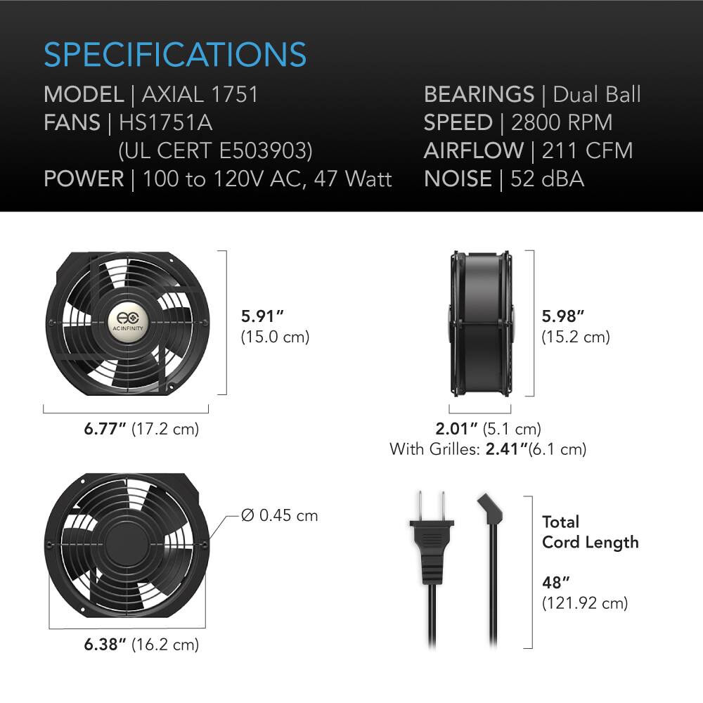 SPECIFICATIONS  
MODEL | AXIAL 1751  
FANS | HS1751A  
(UL CERT E503903)  
POWER | 100 to 120V AC, 47 Watt  
BEARINGS | Dual Ball  
SPEED | 2800 RPM  
AIRFLOW | 211 CFM  
NOISE | 52 dBA  

5.91" (15.0 cm)  
5.98" (15.2 cm)  
6.77" (17.2 cm)  
2.01" (5.1 cm) With Grilles: 2.41" (6.1 cm)  
0.45 cm  
Total Cord Length  
48" (121.92 cm)  
6.38" (16.2 cm)