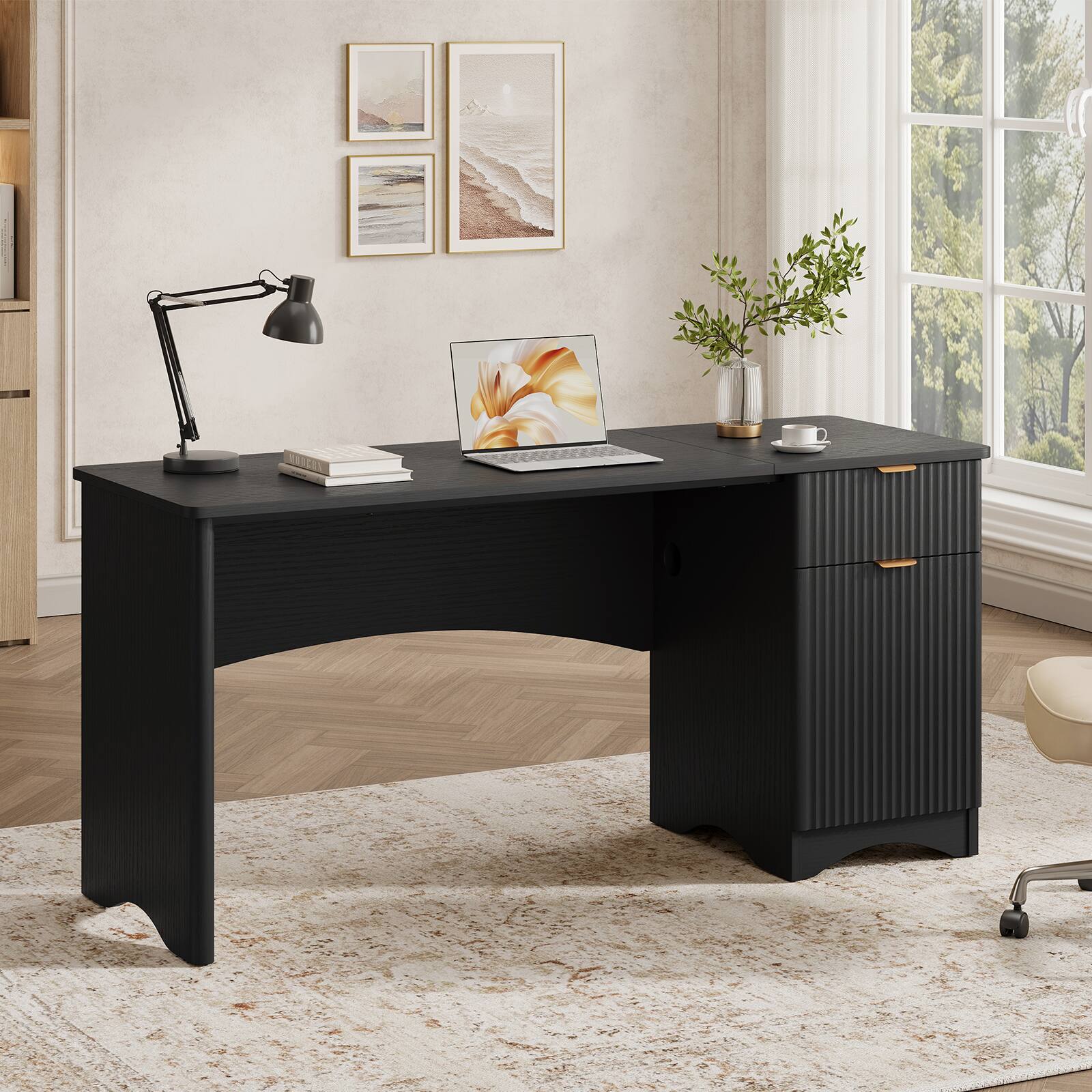 Alt View 4. Bestier - 55 inch Computer Desk with Drawer and Cabinet, Modern Home Office Desk with Storage for Home Office - Black.
