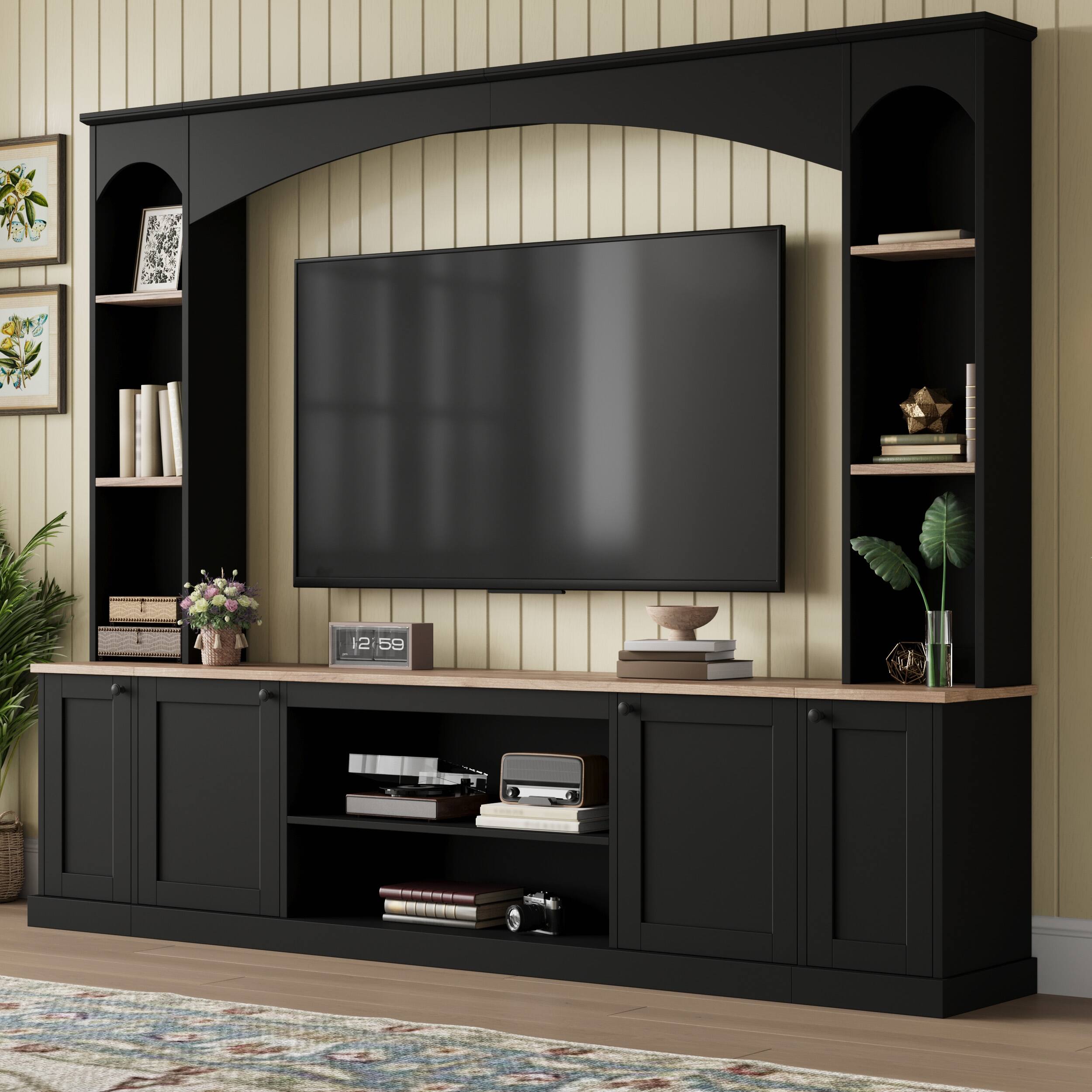 Angle. CheryLife - 91 in. Black Modern Arched Entertainment Center Wall Unit with Bookshelf for TVs Up to 70" - Black.